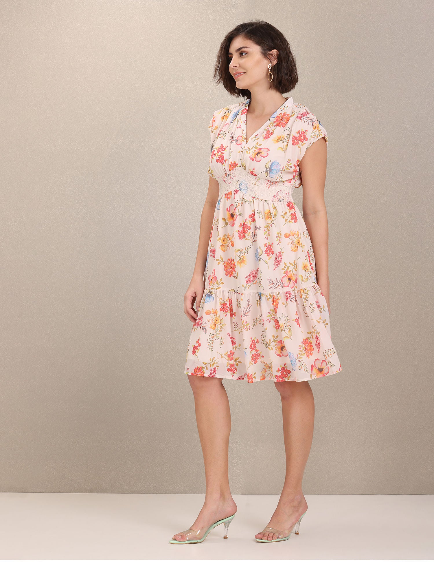 Lace Floral Print Empire Waist Dress Ecru - U.S. POLO ASSN. | Large