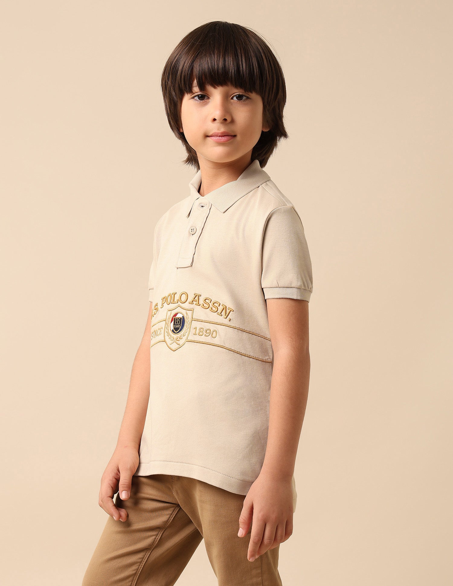Boys Brand Embroidered Pure Cotton Polo Shirt Beige - U.S. POLO ASSN. | Large