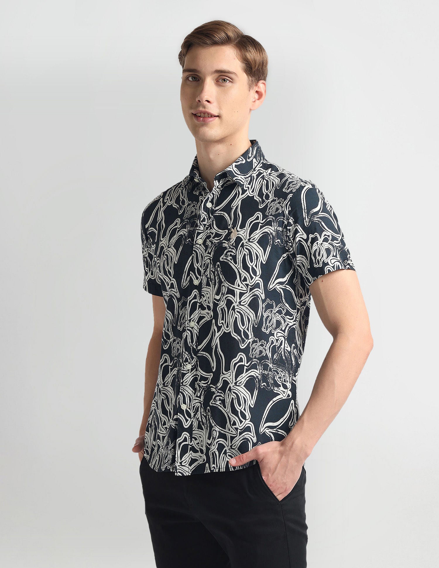 Abstract Print Slim Fit Shirt Black - U.S. Polo Assn. India | Large