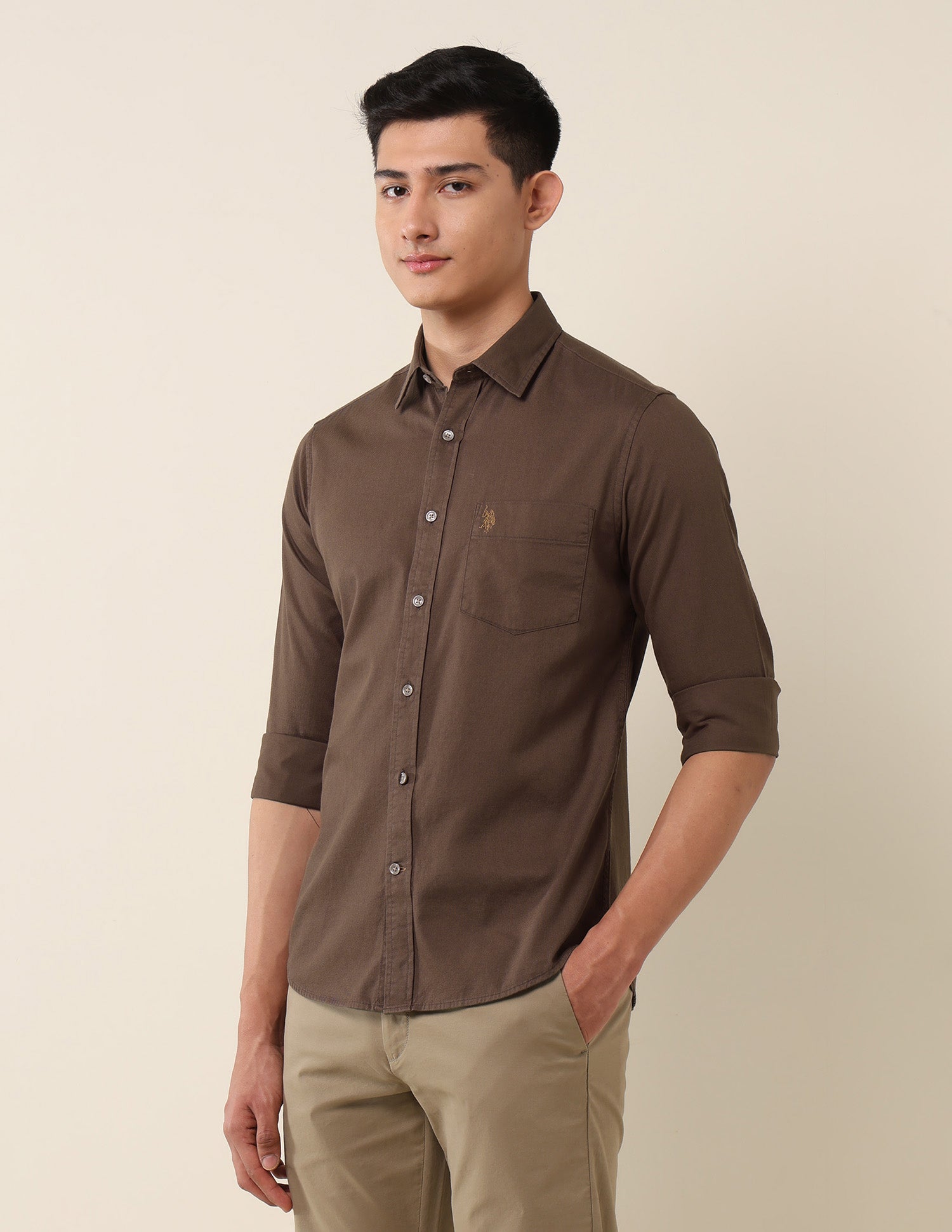 Pure Cotton Dobby Tailored Fit Shirt Brown - U.S. Polo Assn. India | Large