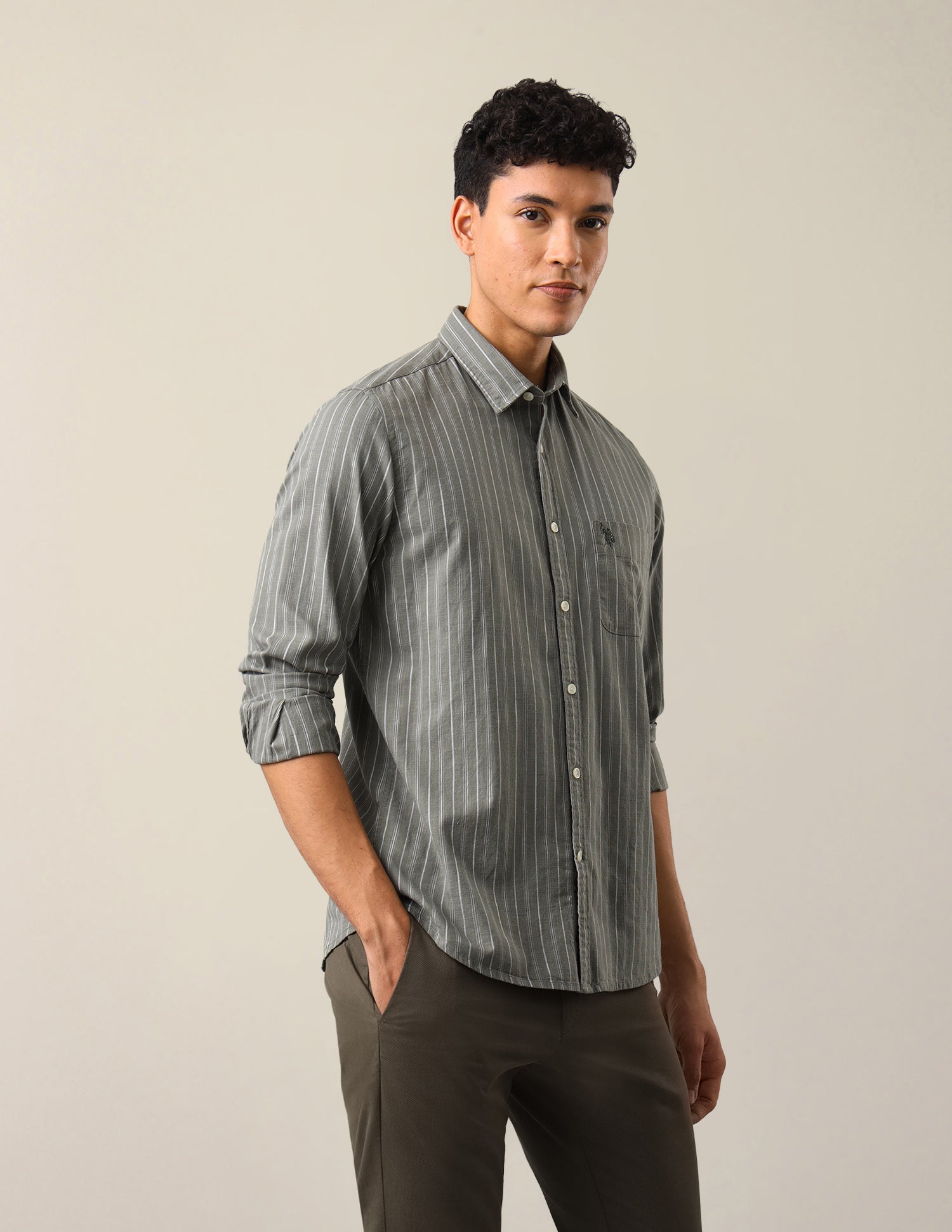 Vertical Striped Regular Fit Shirt Light Olive - U.S. Polo Assn. India | Large