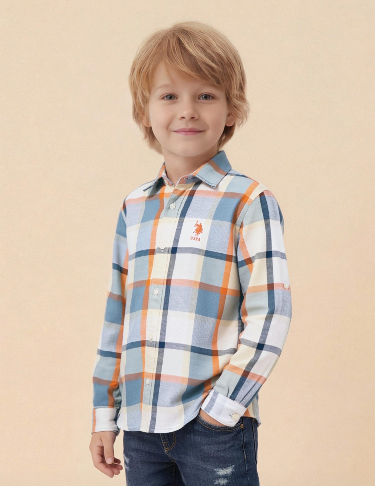 Boys Plaid Checked Dobby Shirt Light Blue - U.S. Polo Assn. India | Large