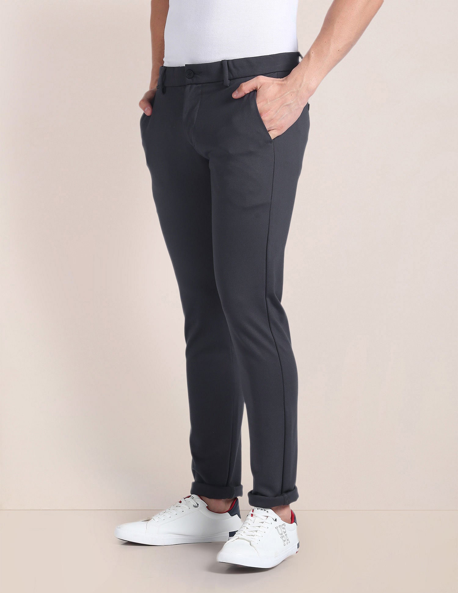 Slim Straight Fit Solid Trousers Grey - U.S. Polo Assn. India | Large