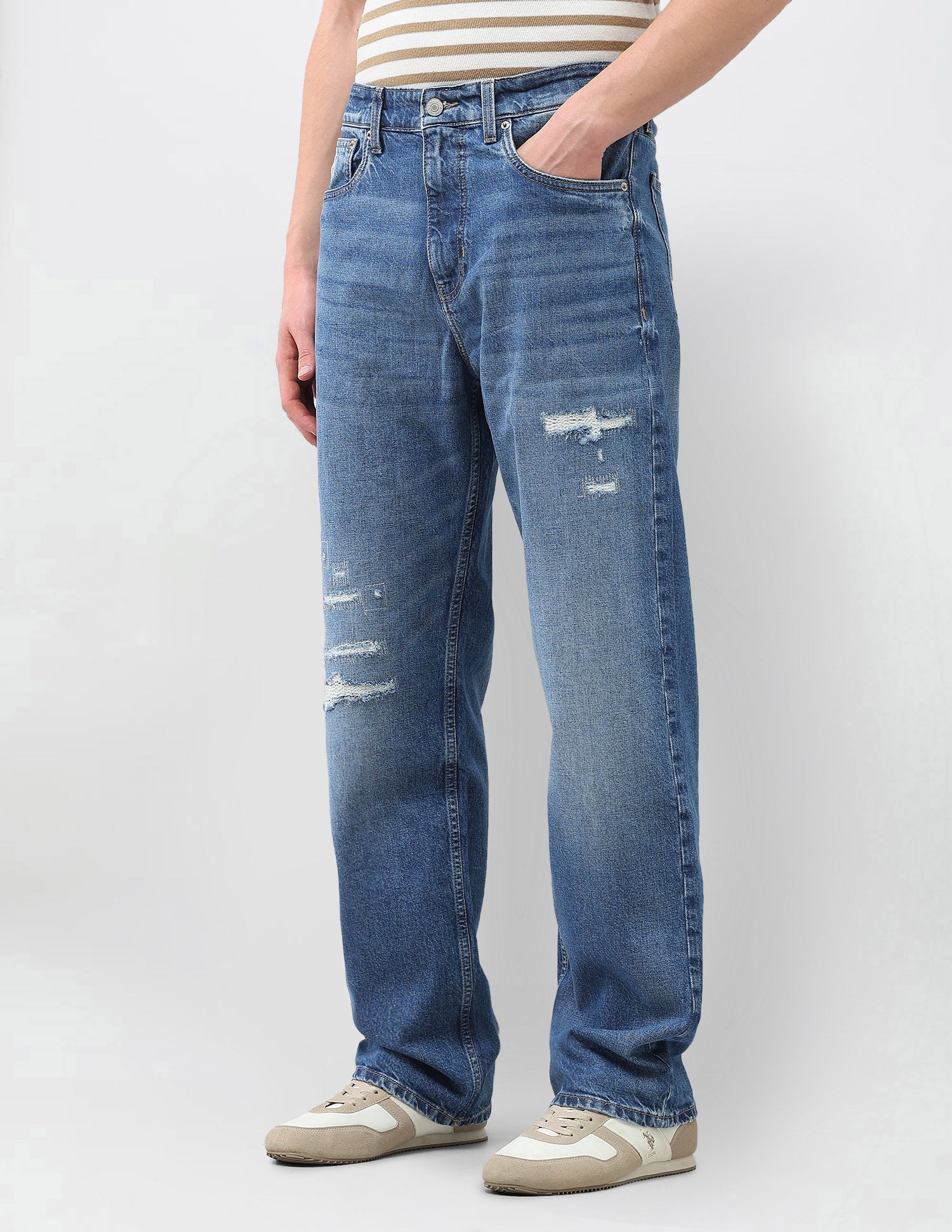 Logan Loose Straight Fit Blue Distressed Jeans Mid Blue - U.S. Polo Assn. India | Large