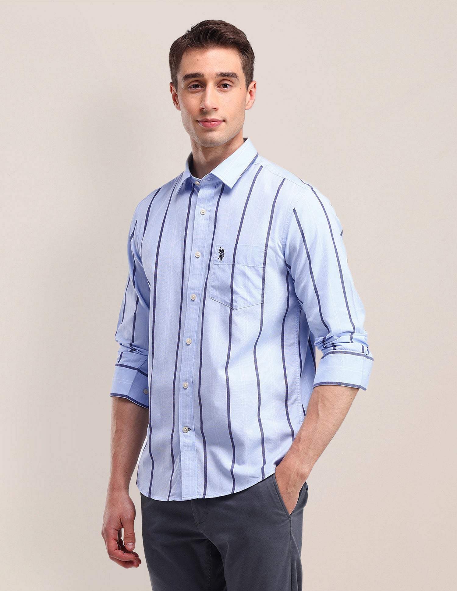 Tailored Fit Cotton Striped Shirt Blue - U.S. Polo Assn. India | Large