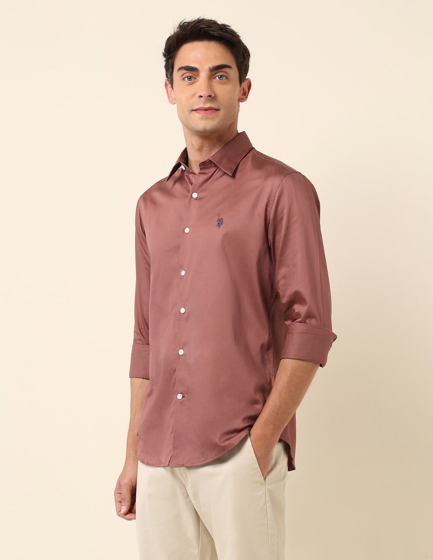 Tailored Fit Satin Pure Cotton Shirt Light Burgundy - U.S. Polo Assn. India | Large