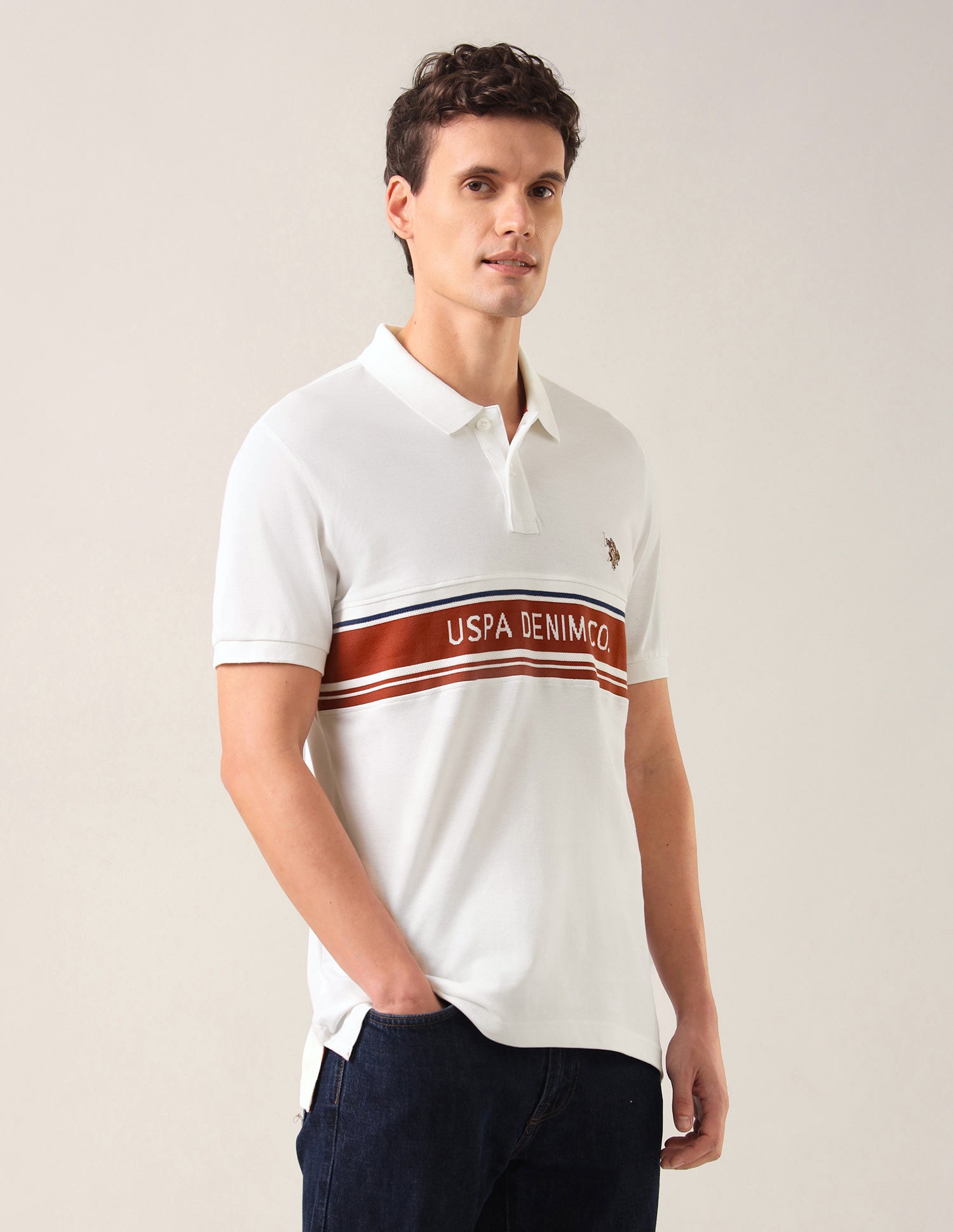 Colour Blocked With Brand Printed Slim Fit Polo Shirt Ivory - U.S. Polo Assn. India | Large