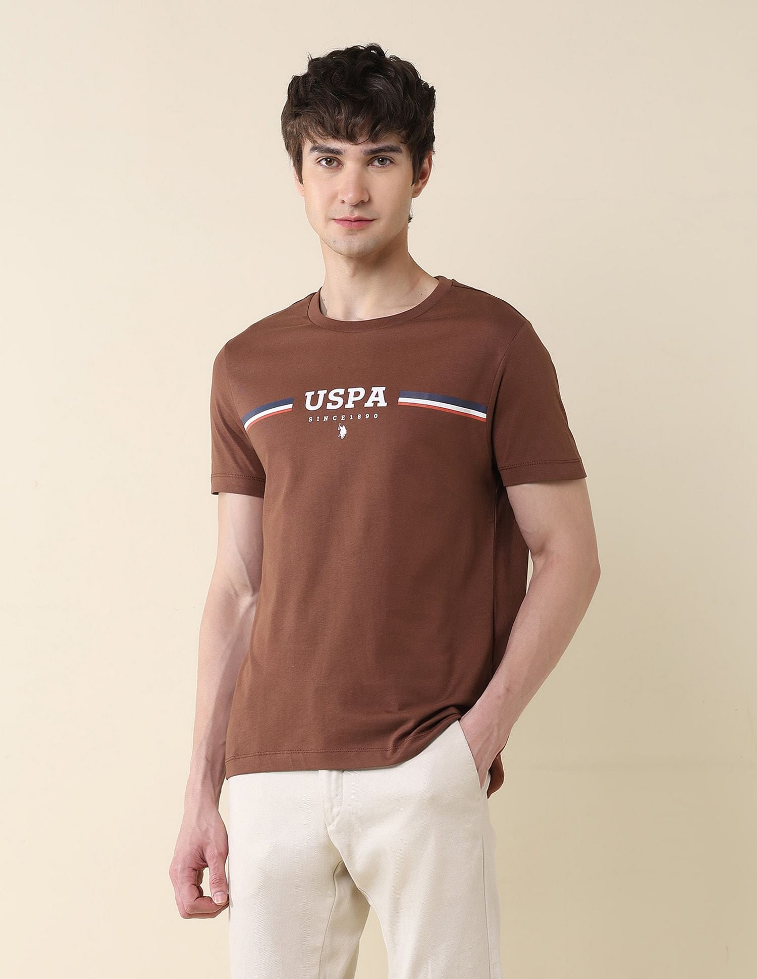 Pure Cotton Slim Fit T-Shirt Light Brown - U.S. Polo Assn. India | Large