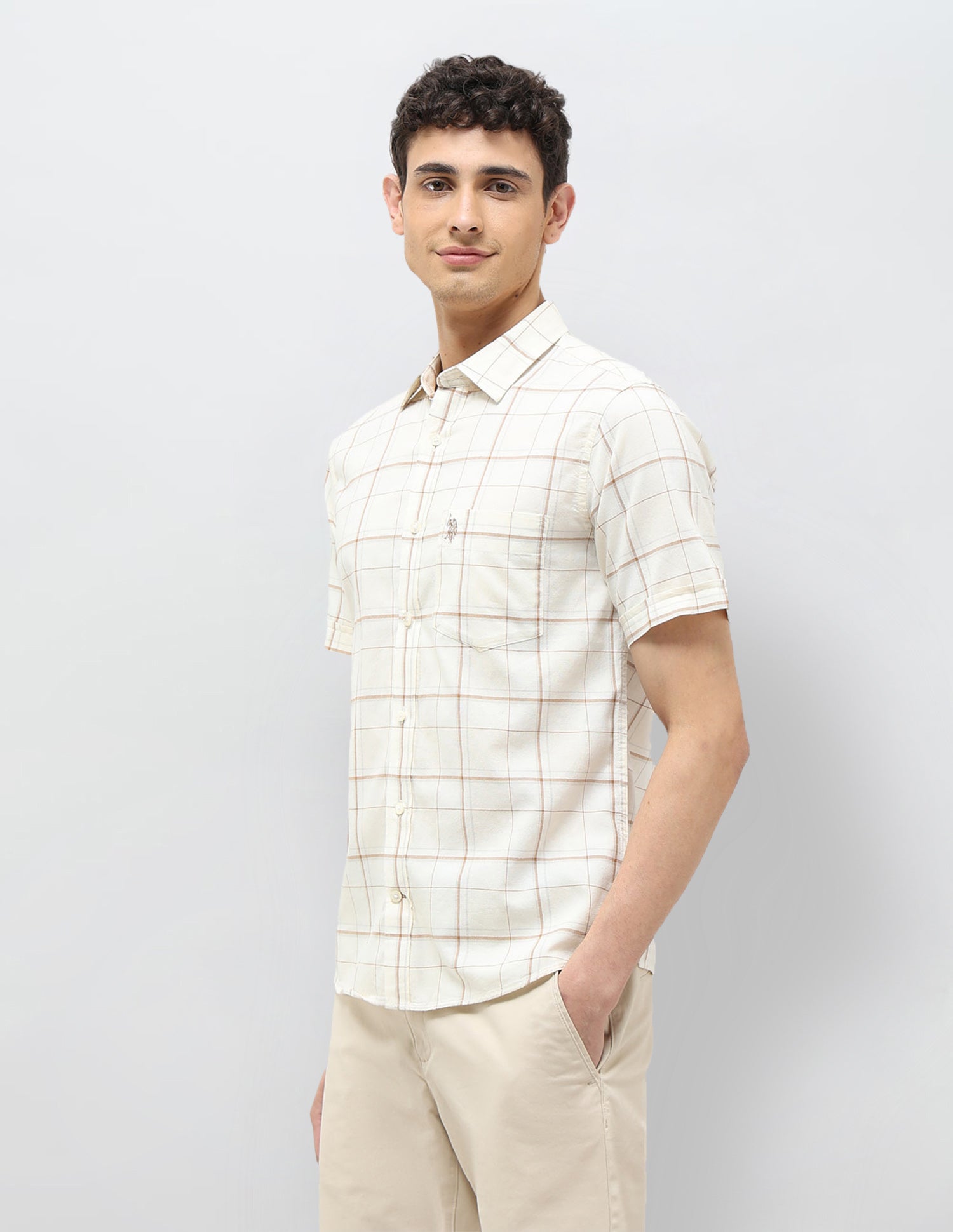 Windowpane Checked Tailored Fit Shirt Ivory - U.S. POLO ASSN. | Large