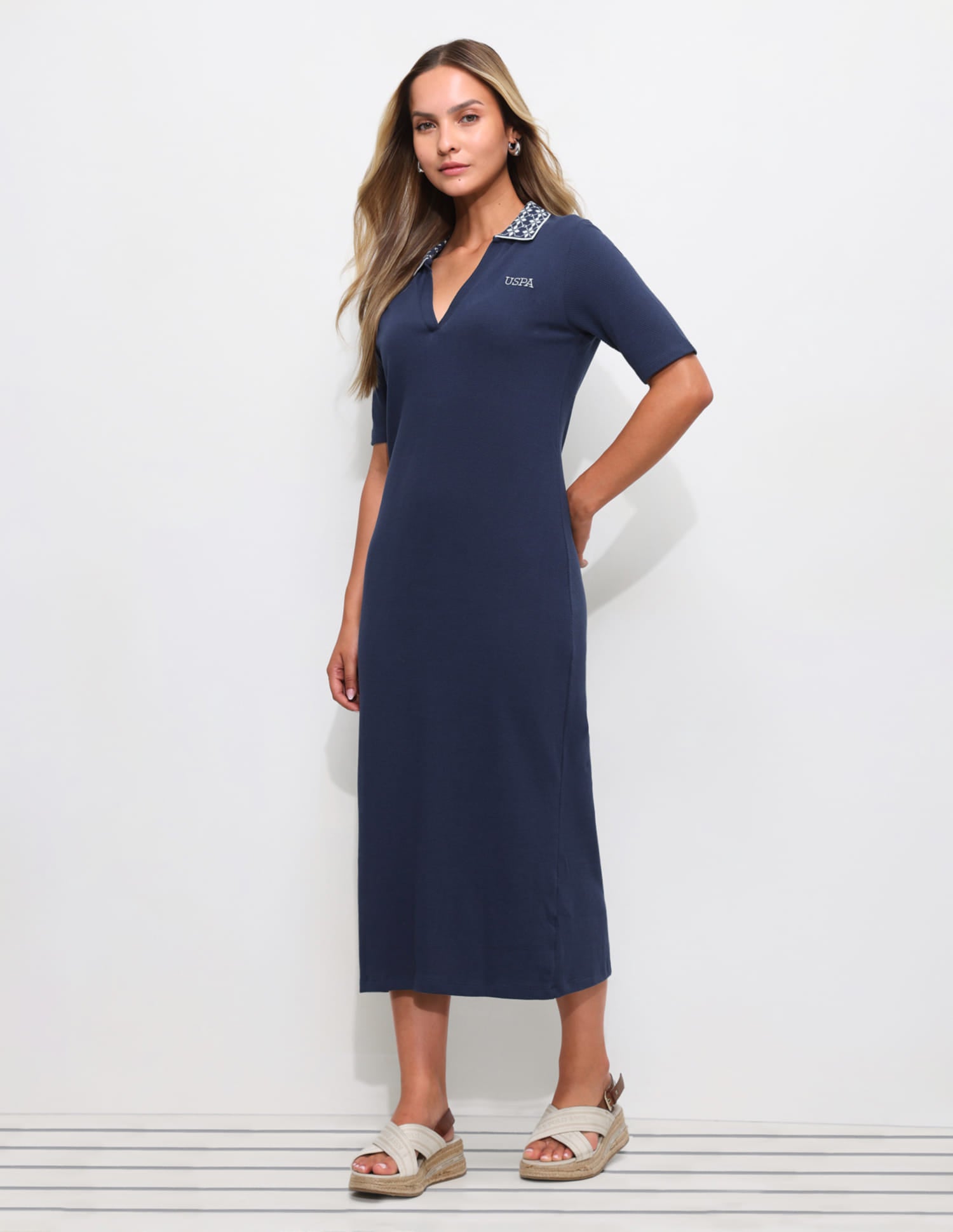 Textured Midi Polo Dress Navy - U.S. Polo Assn. India | Large
