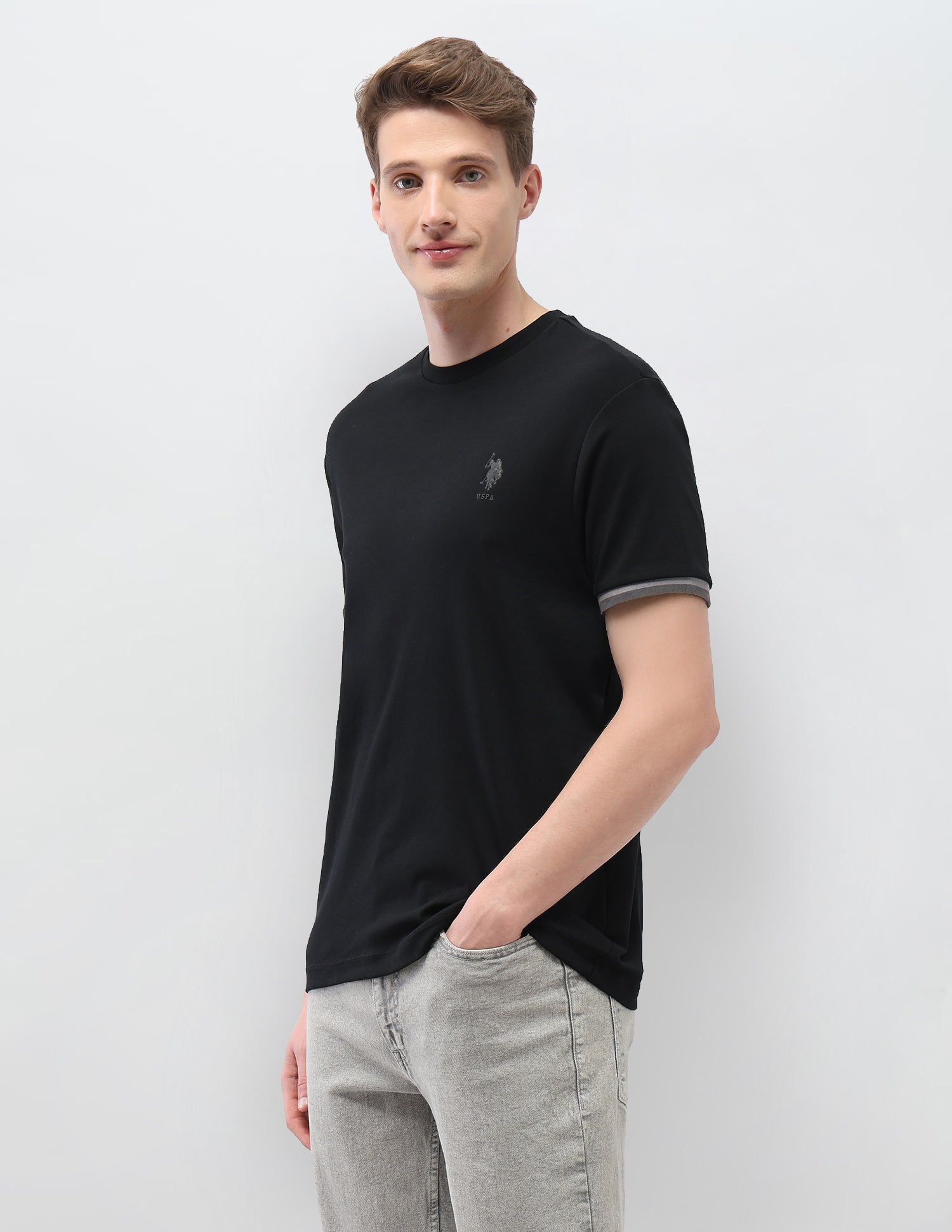 Solid Slim Fit Black & Gold T-Shirt Black - U.S. Polo Assn. India | Large