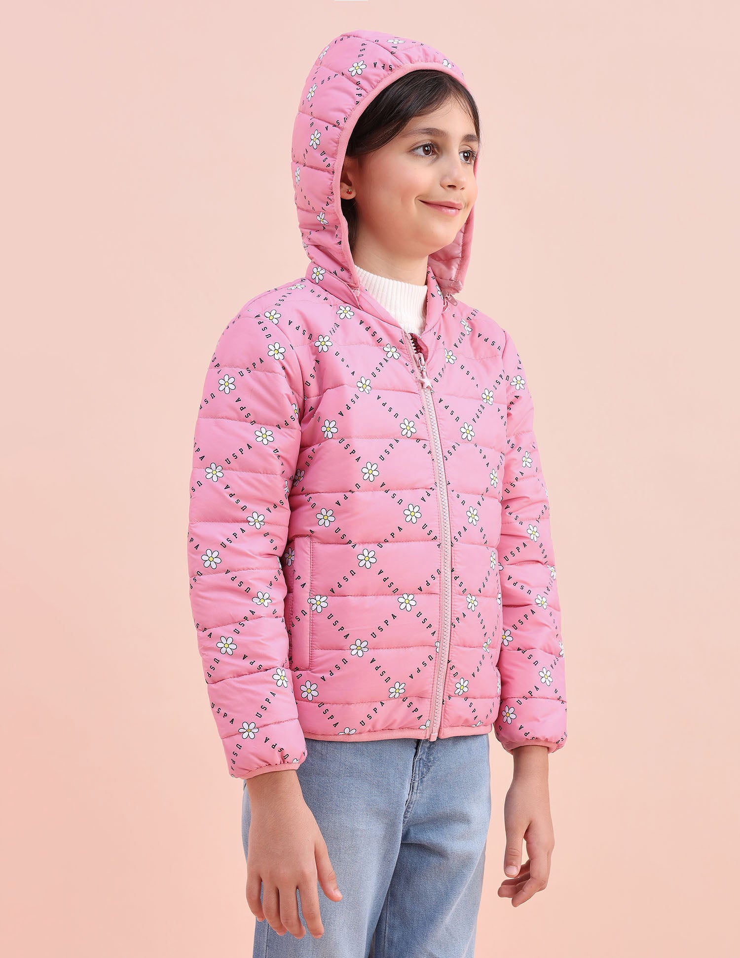 Floral Logo Printed Puffer Jacket Pink - U.S. POLO ASSN. | Large