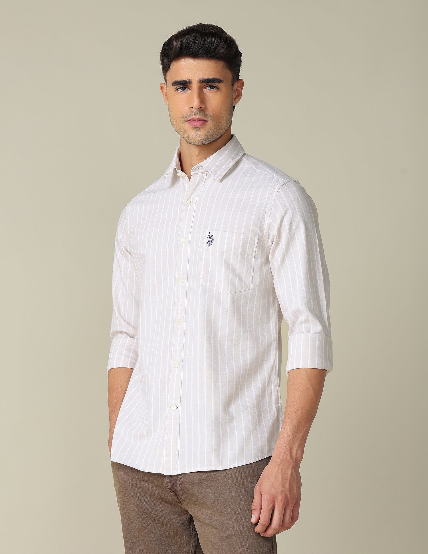 Vertical Striped Tailored Fit Shirt Beige - U.S. POLO ASSN. | Large