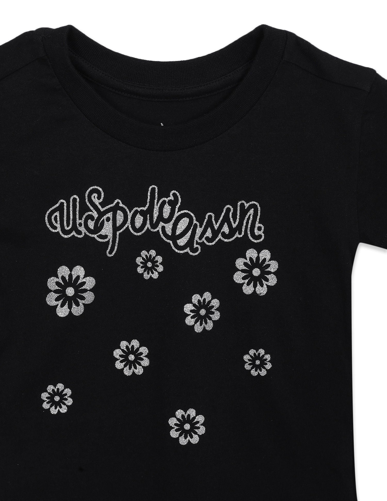 Girls Black Crew Neck Glitter Print T-Shirt Black - U.S. POLO ASSN. | Large