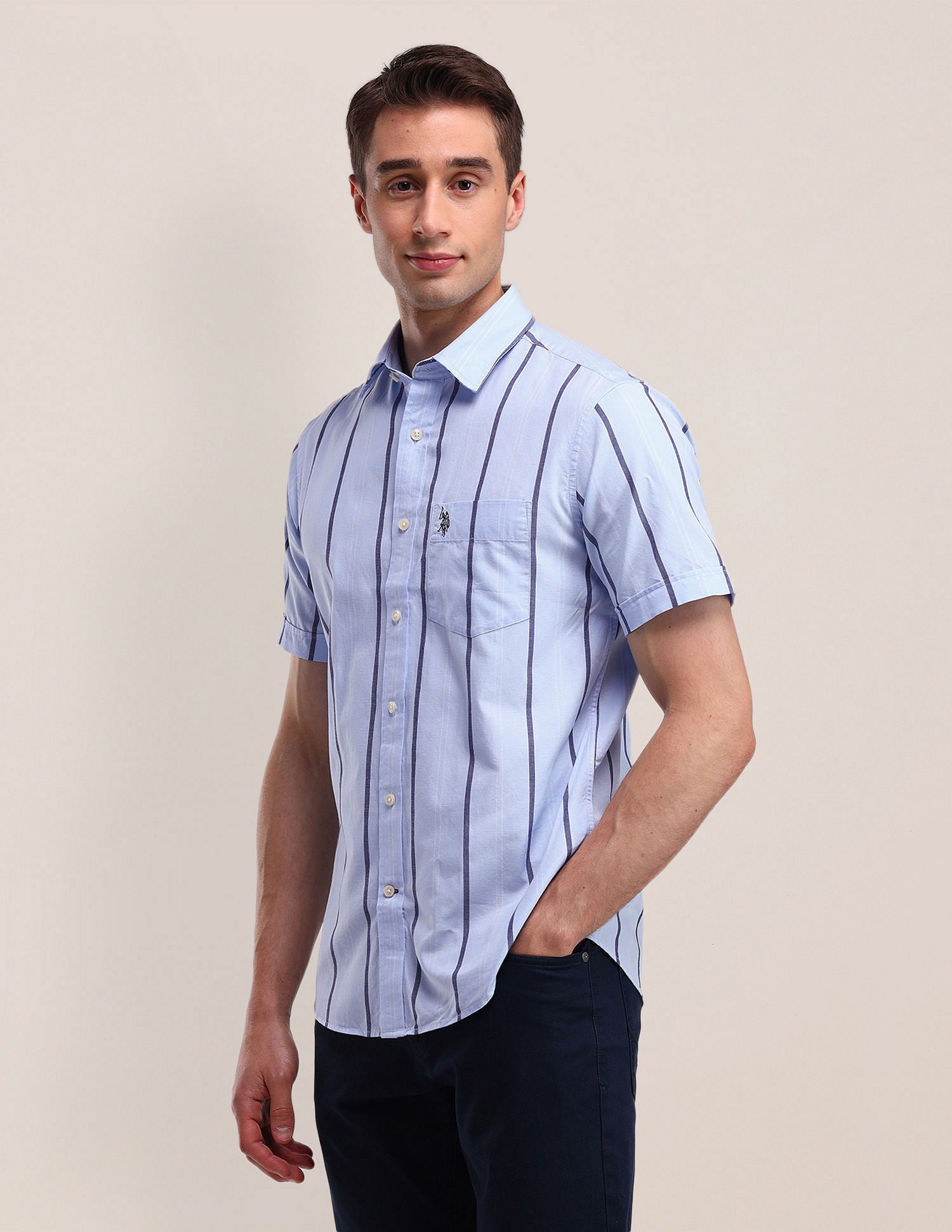 Tailored Fit Cotton Striped Shirt Blue - U.S. Polo Assn. India | Large