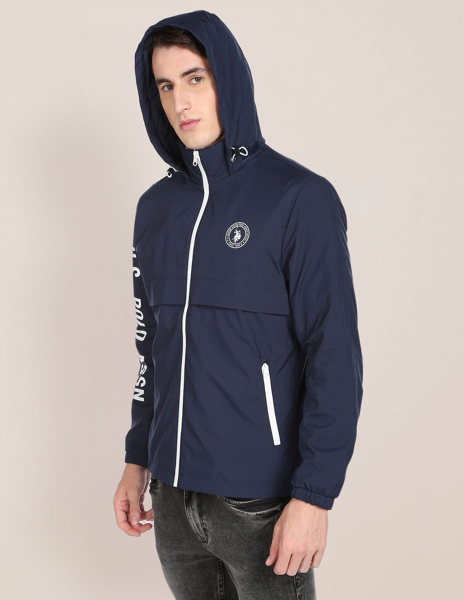 Brand Print Detachable Hood Casual Jacket Navy - U.S. POLO ASSN. | Large