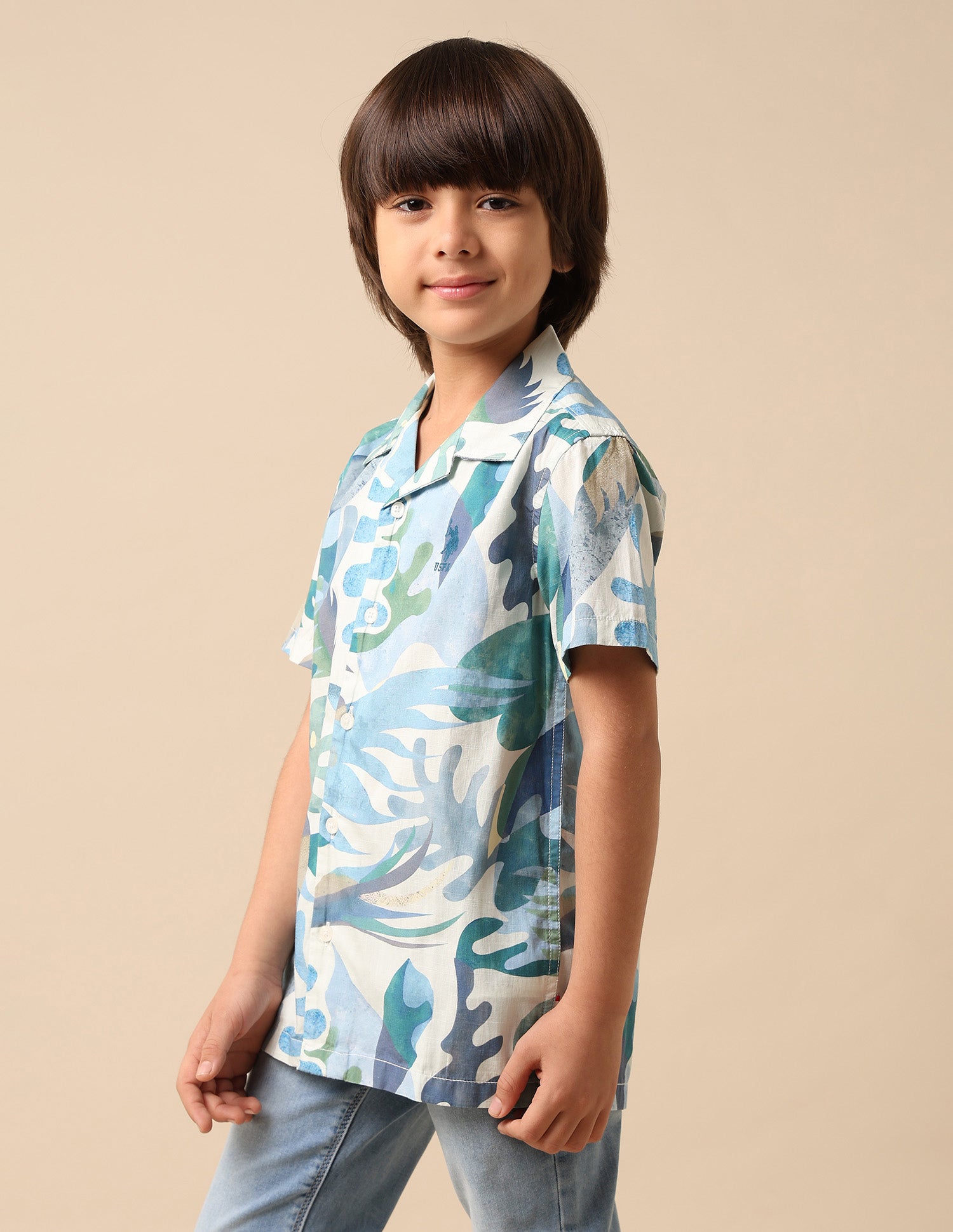 Boys Tropical Printed Pure Cotton Shirt Blue - U.S. POLO ASSN. | Large