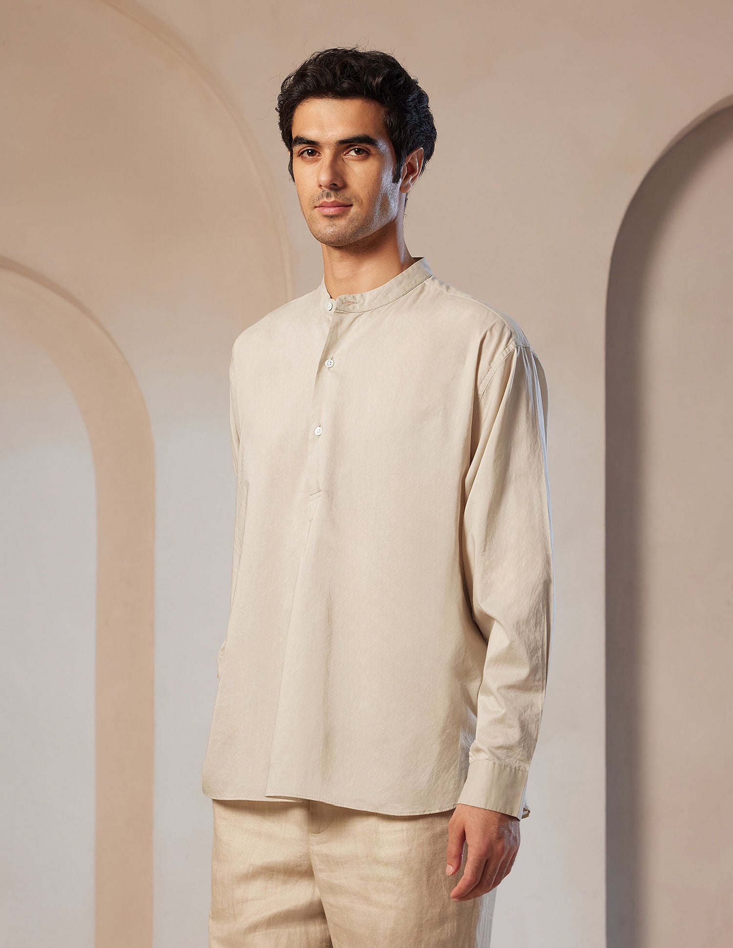 Pacho X Tailored Fit Mandarin Collar Shirt Sand - U.S. POLO ASSN. | Large