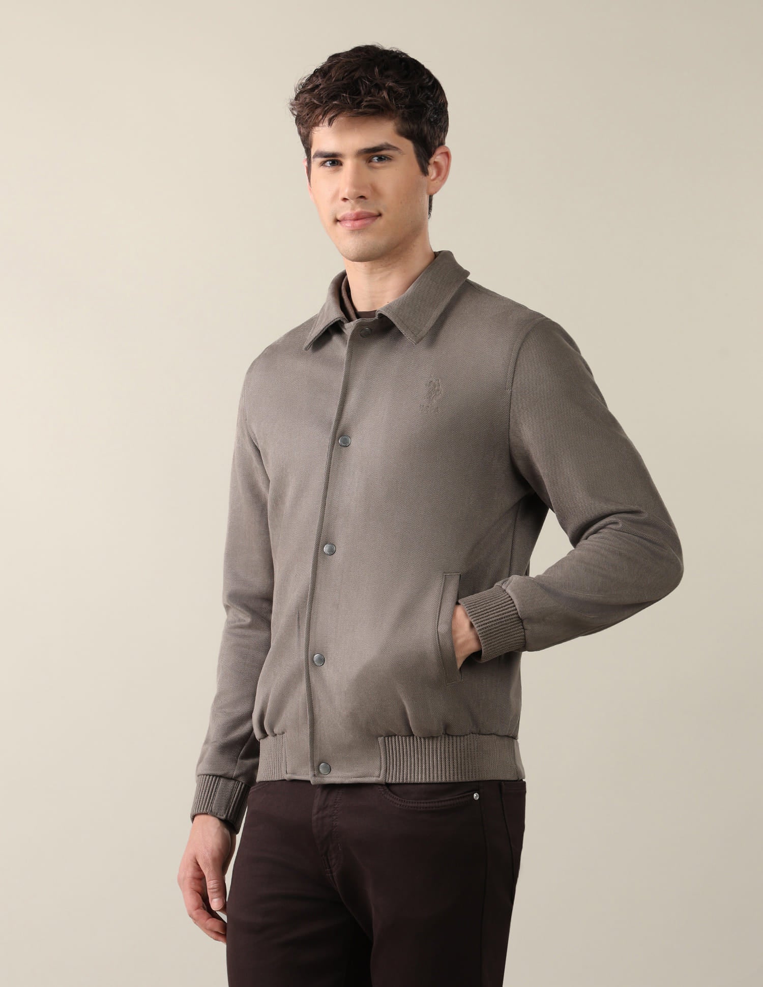 Solid Regular Fit Bomber Jacket Brown - U.S. Polo Assn. India | Large