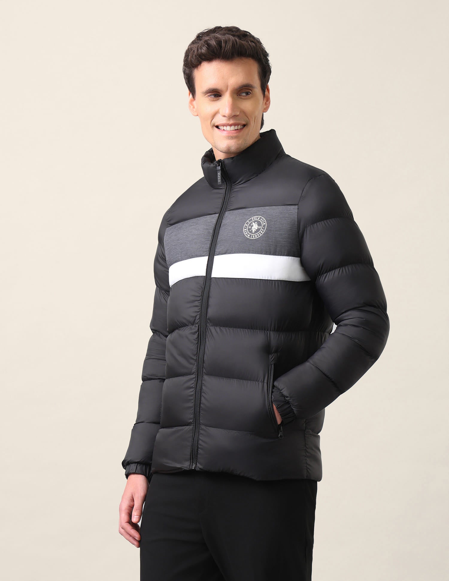 High Neck Colour Block Puffer Jacket Black - U.S. Polo Assn. India | Large