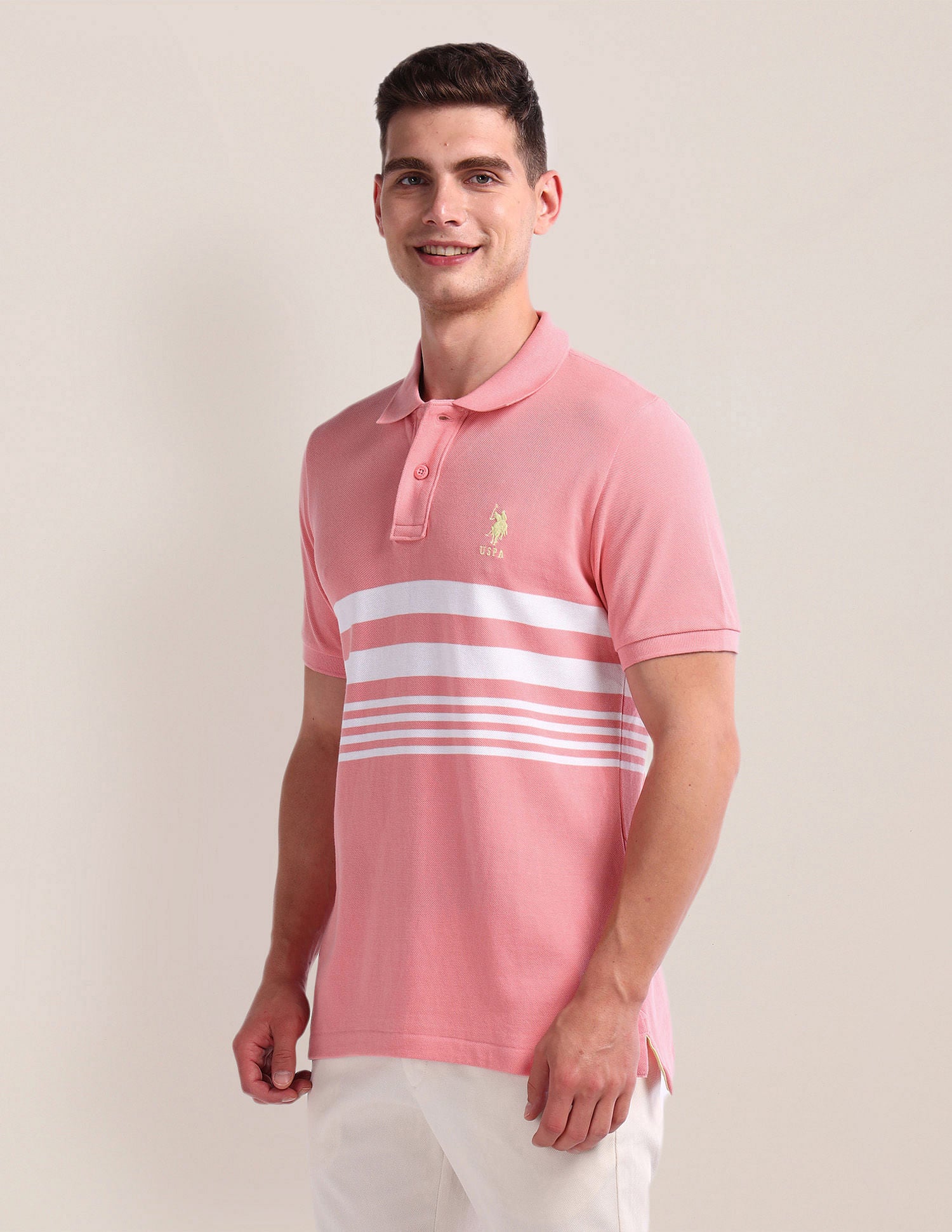 Horizontal Stripe Slim Polo Shirt Pink - U.S. Polo Assn. India | Large