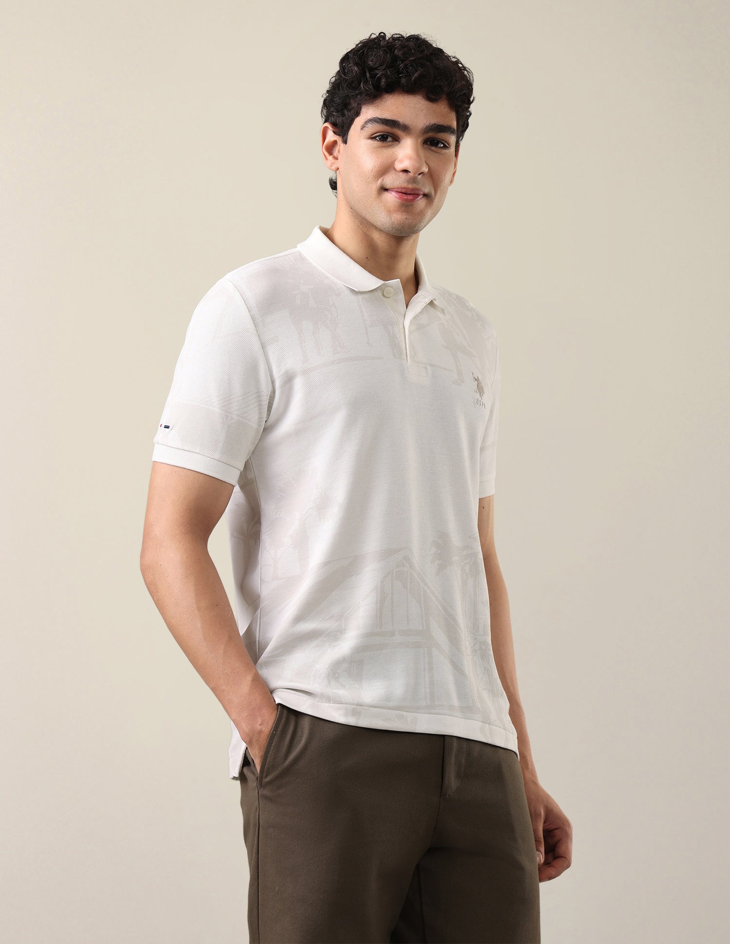 Graphic Printed Slim Fit Polo Shirt Off White - U.S. Polo Assn. India | Large