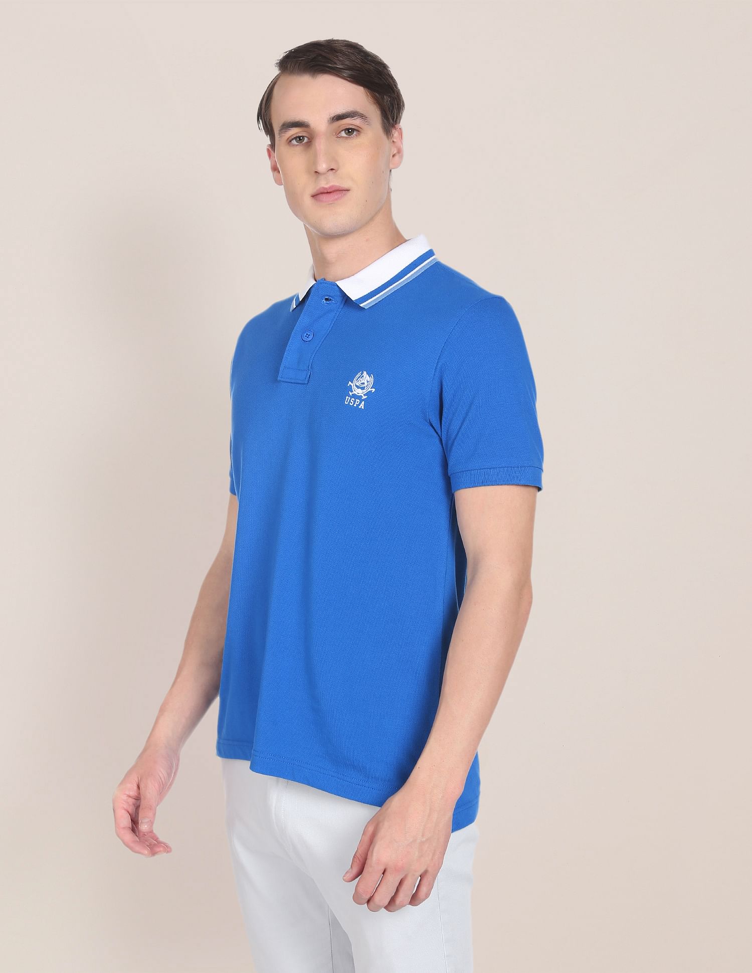 Ribbed Collar Brand Logo Polo Shirt Blue - U.S. POLO ASSN. | Large