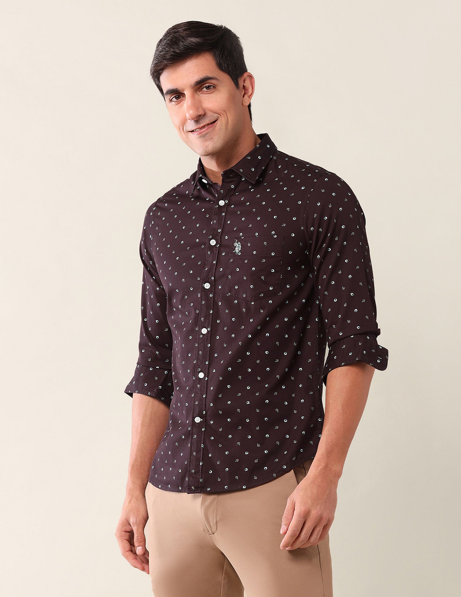Tailored Fit Printed Shirt Burgundy - U.S. Polo Assn. India | Large