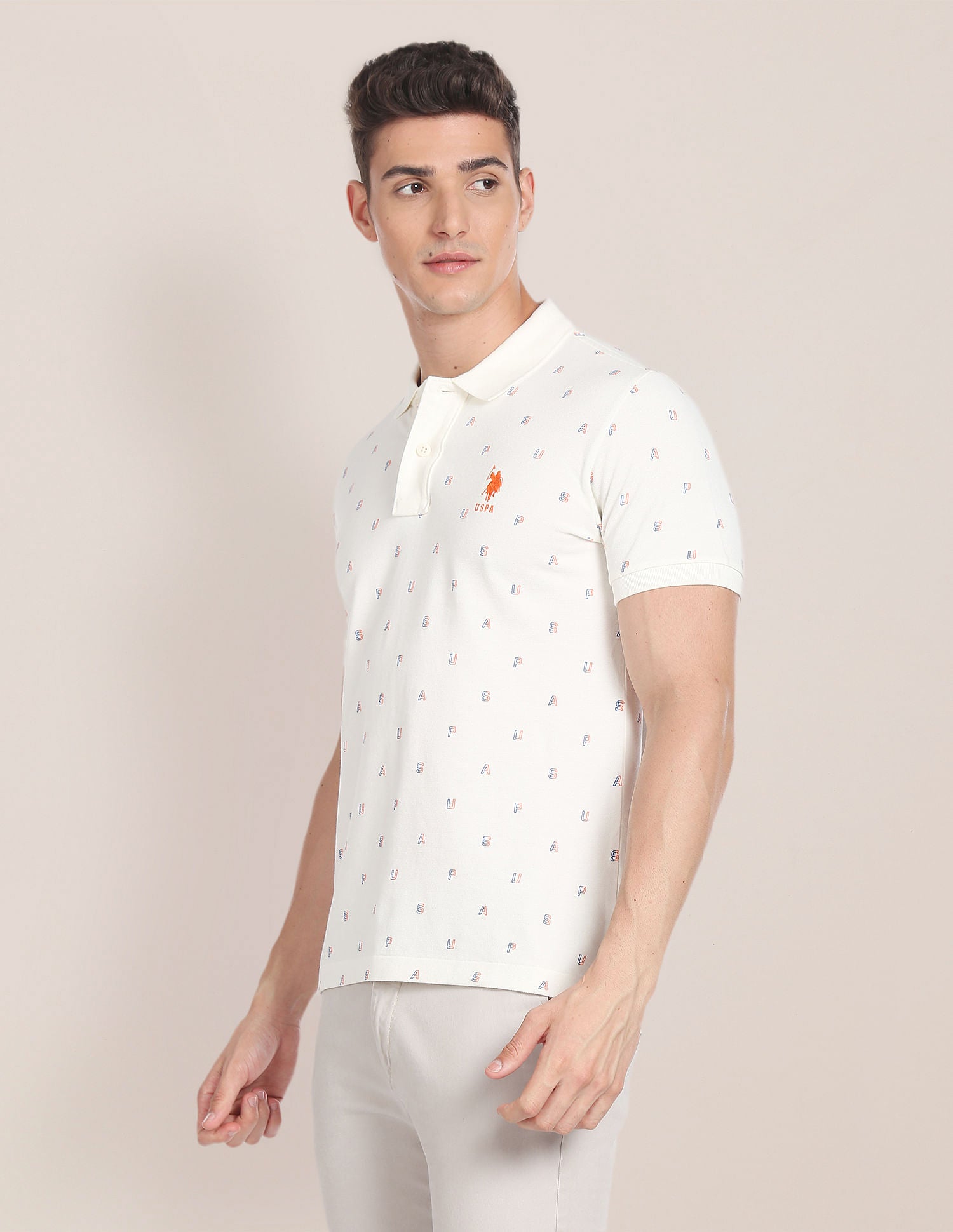 Typographic Print Cotton Polo Shirt White - U.S. Polo Assn. India | Large