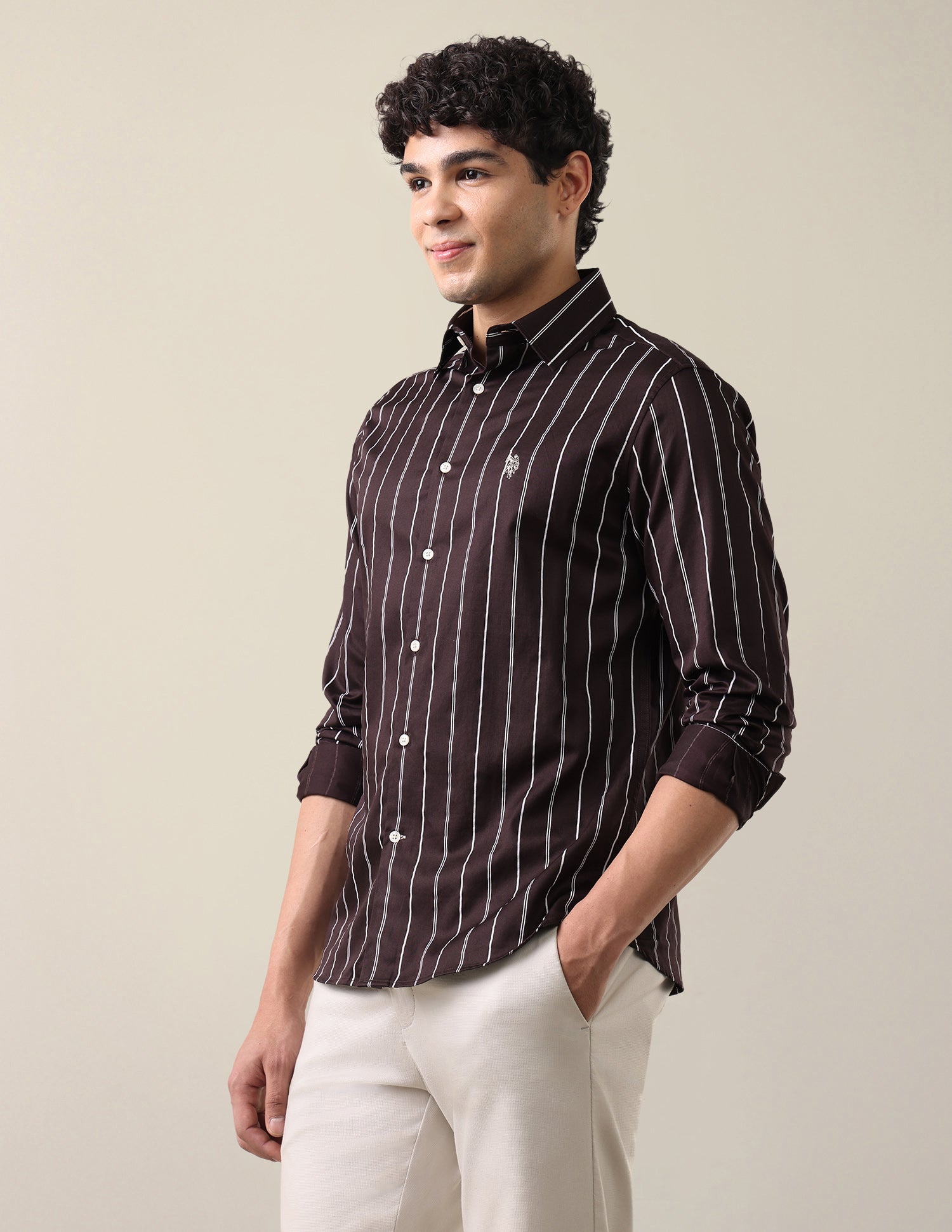 Satin Vertical Striped Shirt Brown - U.S. Polo Assn. India | Large