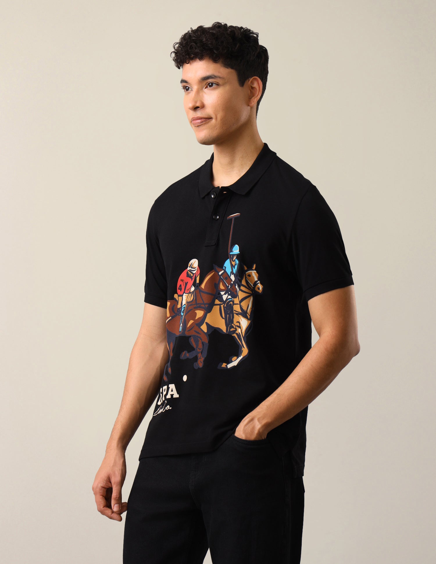 Graphic Brand Printed Slim Fit Polo Shirt Black - U.S. Polo Assn. India | Large