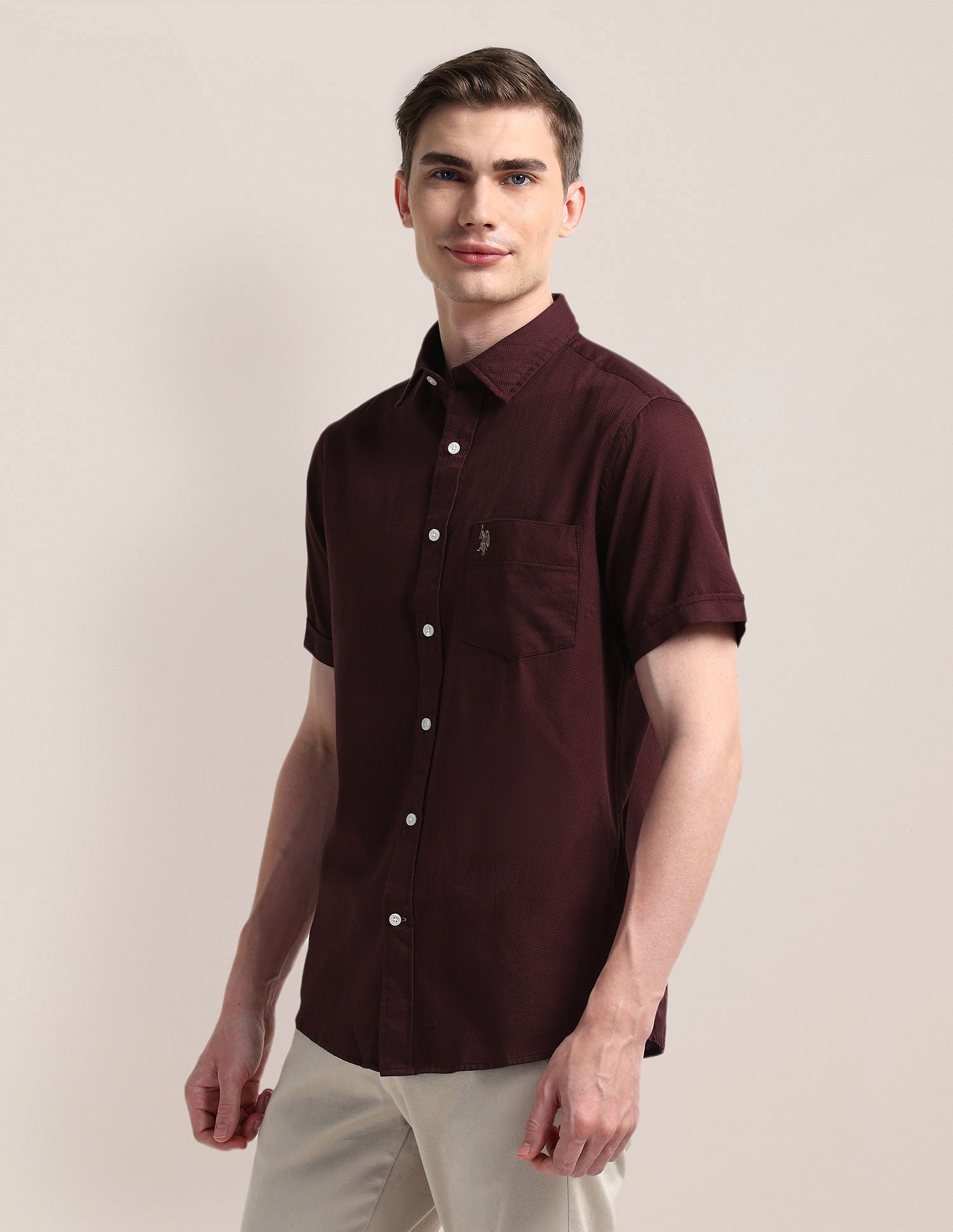 Cutaway Collar Premium Cotton Shirt Maroon - U.S. POLO ASSN. | Large