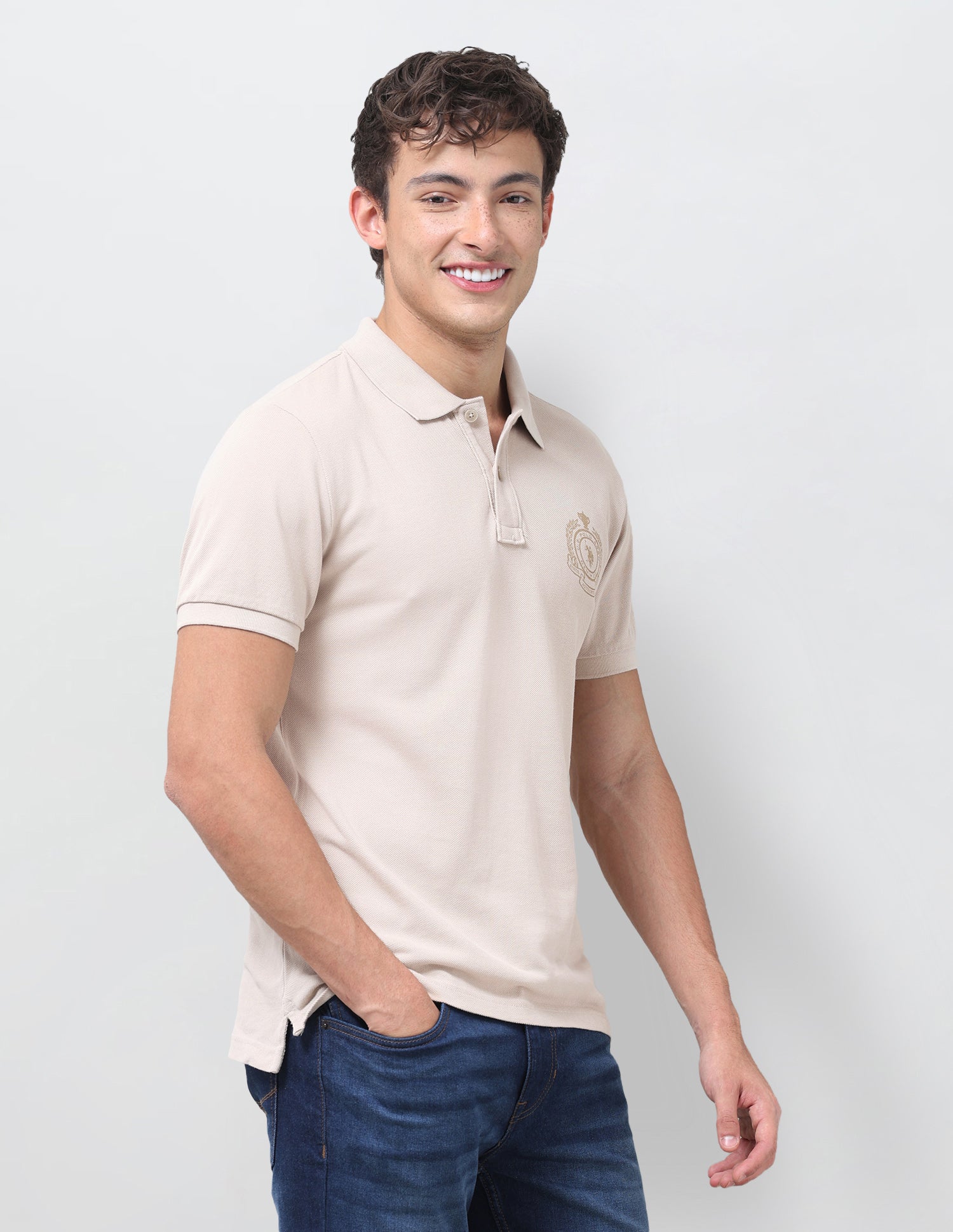 Graphic Brand Printed Slim Fit Polo Shirt Beige - U.S. Polo Assn. India | Large