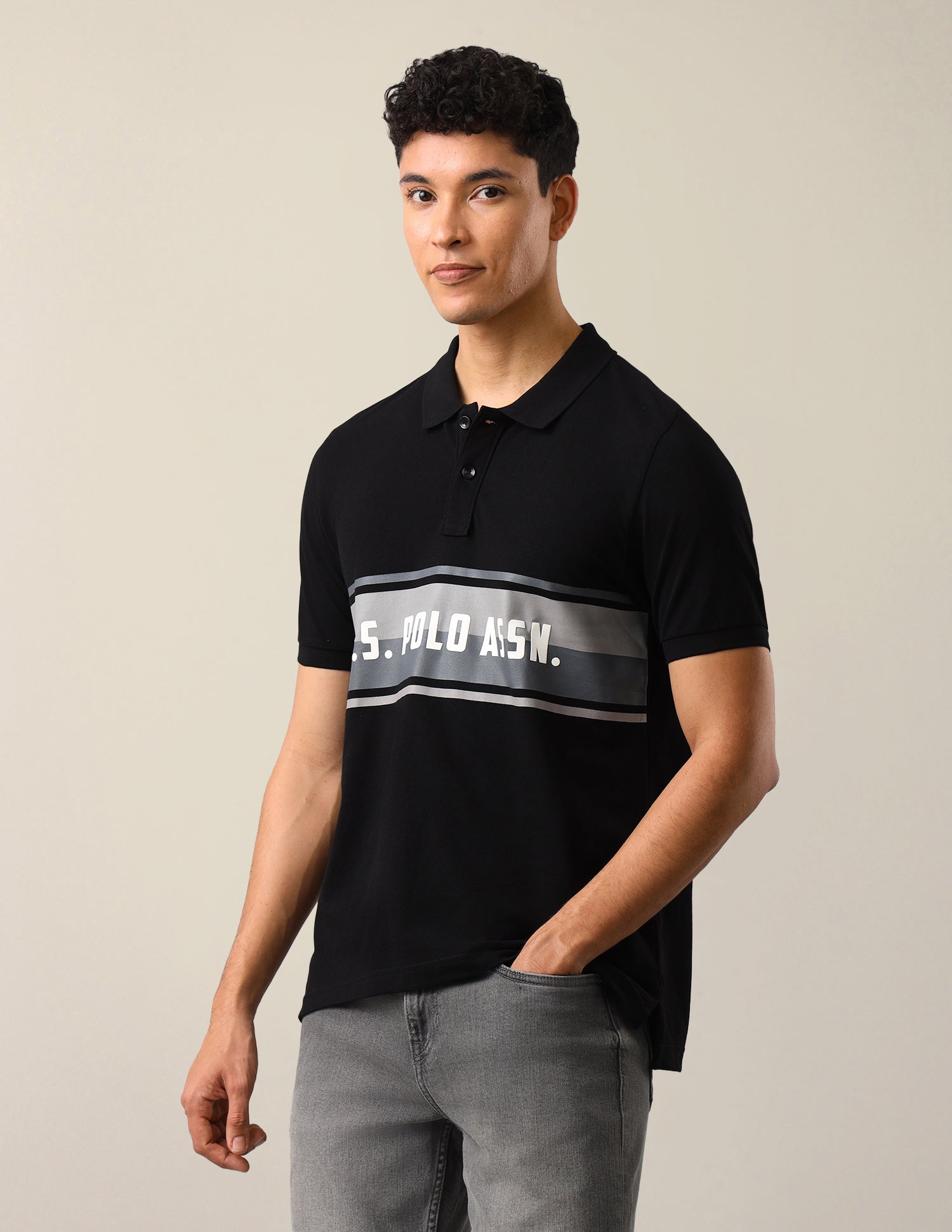 Colourblocked With Brand Printed Slim Fit Polo Shirt Black - U.S. Polo Assn. India | Large