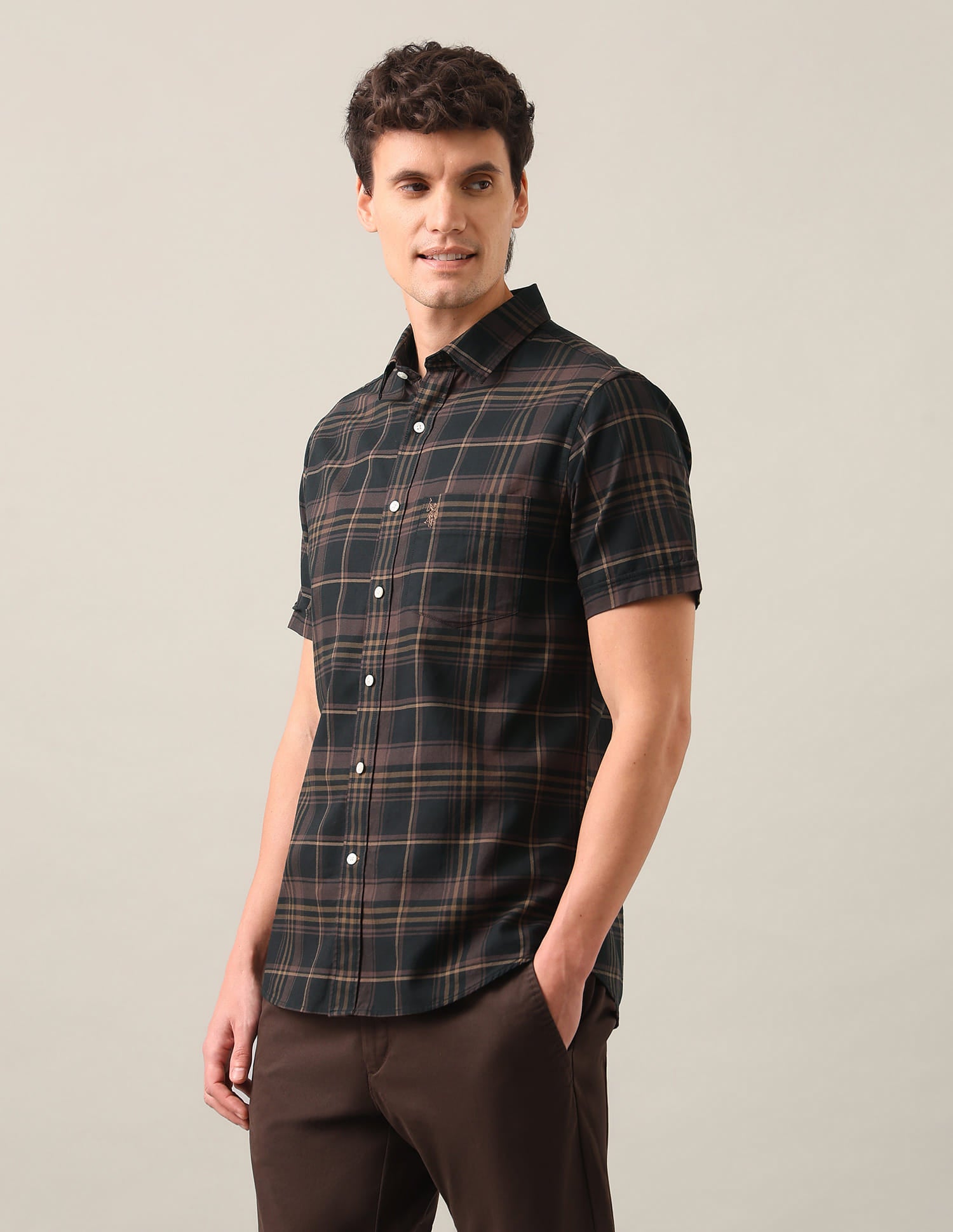 Tartan Checked Tailored Fit Shirt Brown - U.S. Polo Assn. India | Large