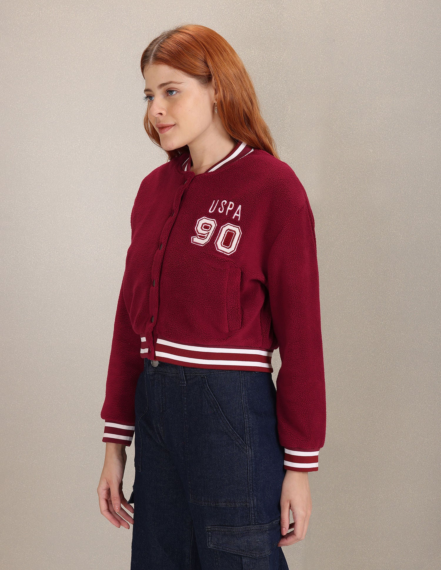 Solid Faux Fur Varsity Jacket Wine - U.S. POLO ASSN. | Large