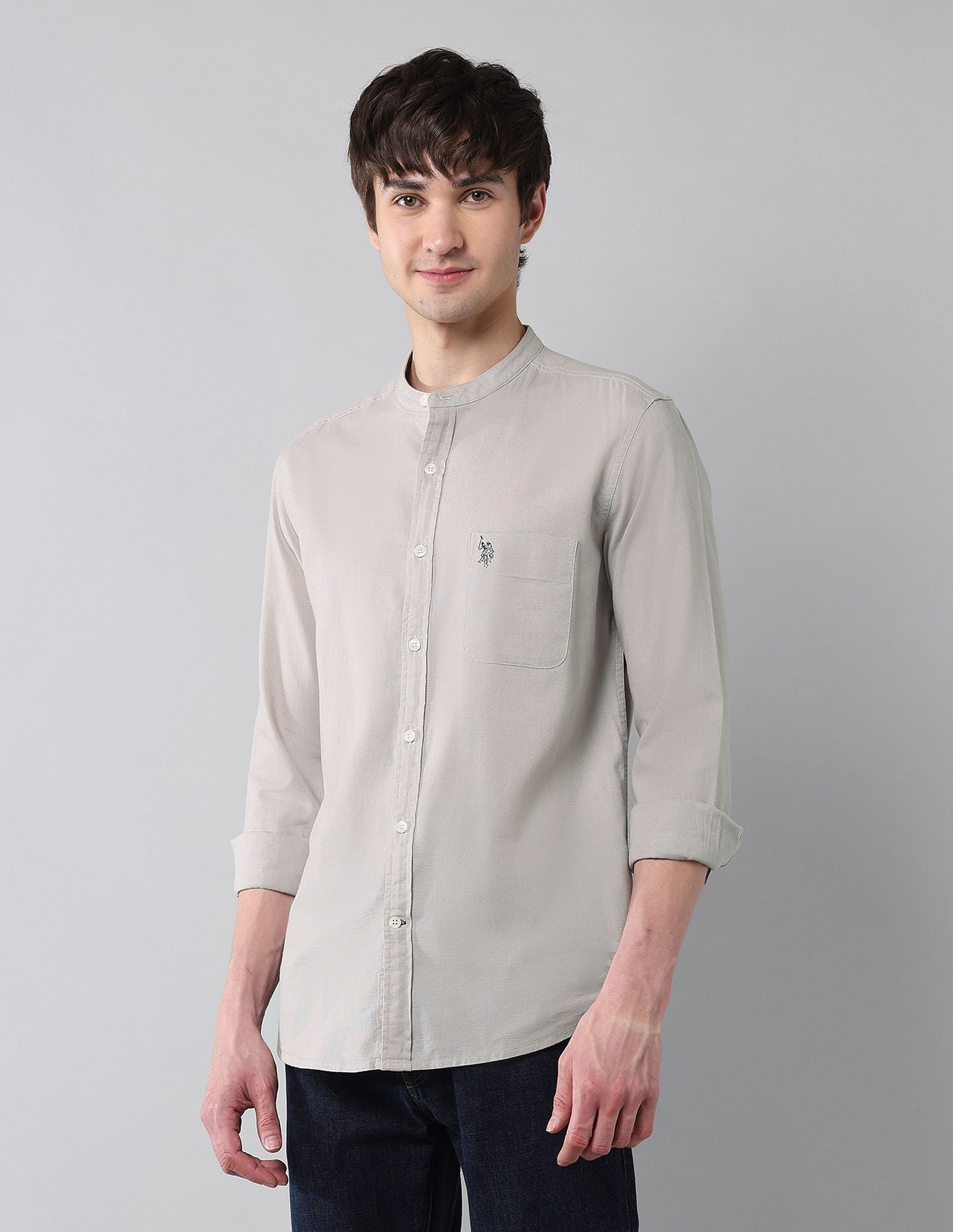 Solid Slub Mandarin Collar Shirt Grey - U.S. Polo Assn. India | Large