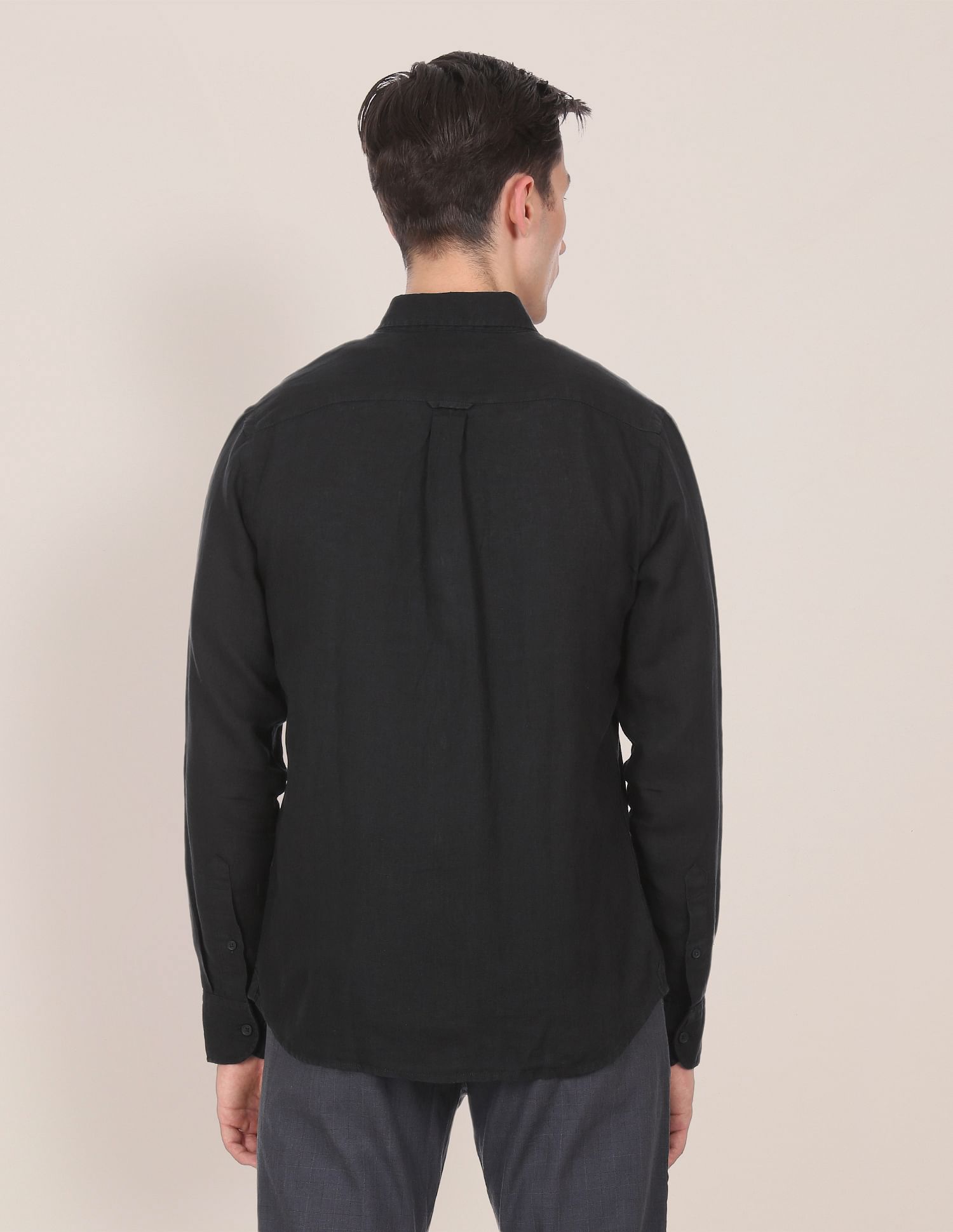 Men Black Button Down Collar Linen Solid Casual Shirt Black - U.S. POLO ASSN. | Large