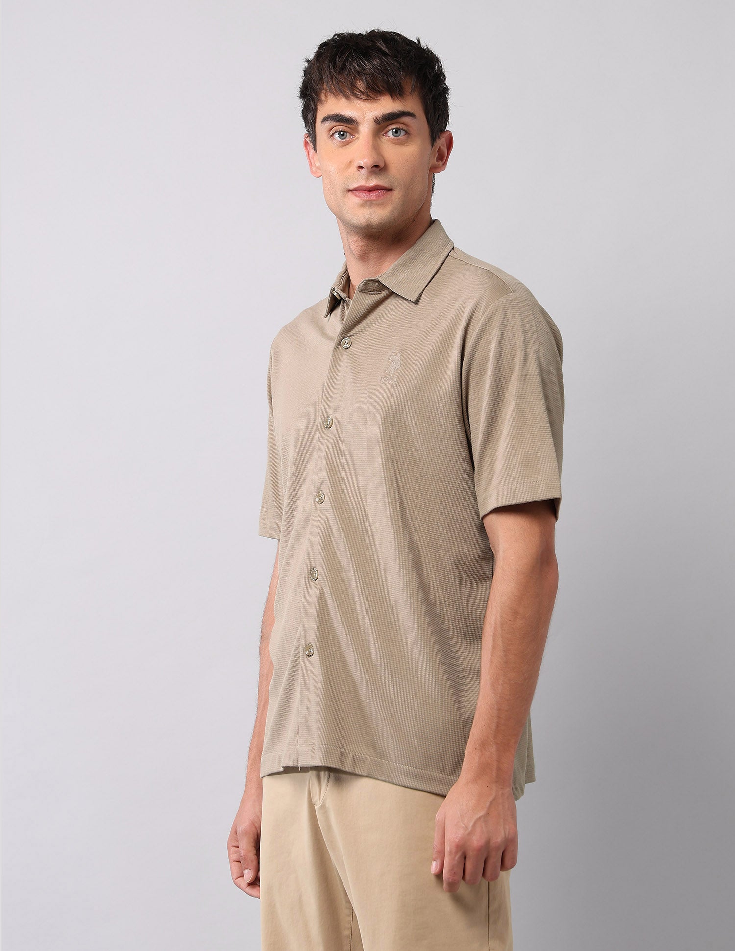 Relaxed Fit Knitted Pure Cotton Shirt Khaki - U.S. Polo Assn. India | Large