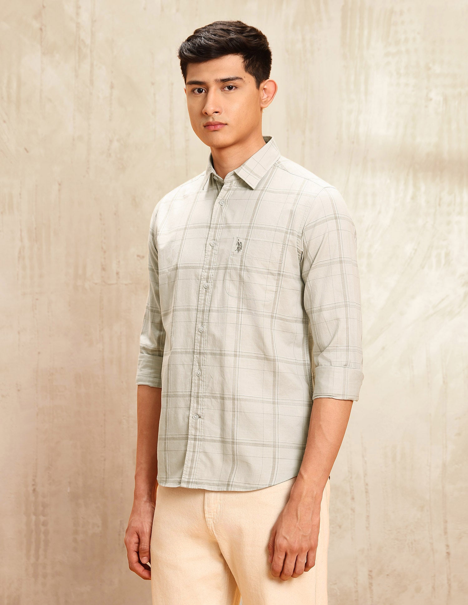 Twill Windowpane Checked Shirt Light Khaki - U.S. POLO ASSN. | Large