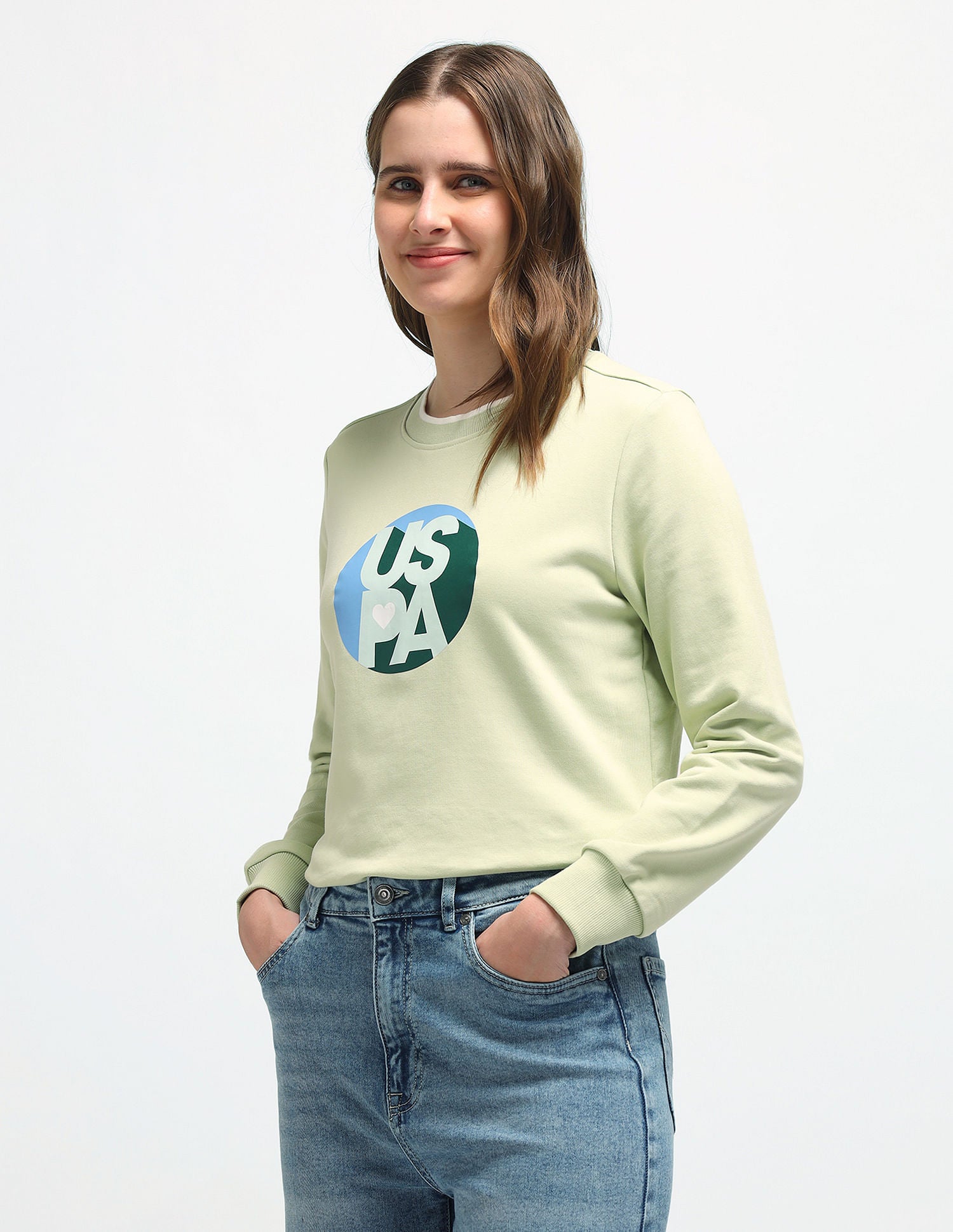 Crew Neck Brand Print Sweatshirt Light Green - U.S. POLO ASSN. | Large