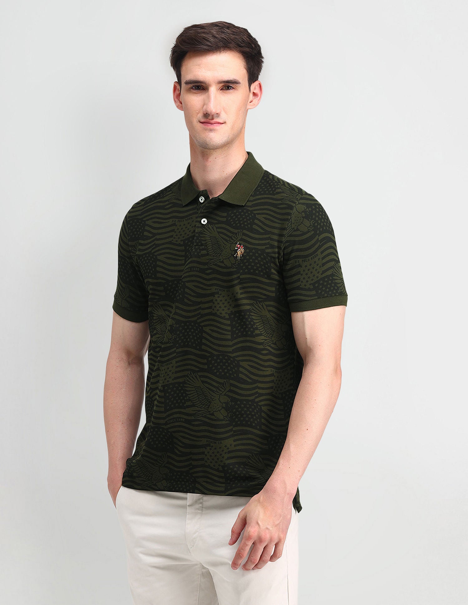Muscle Fit Printed Polo Shirt Olive - U.S. Polo Assn. India | Large