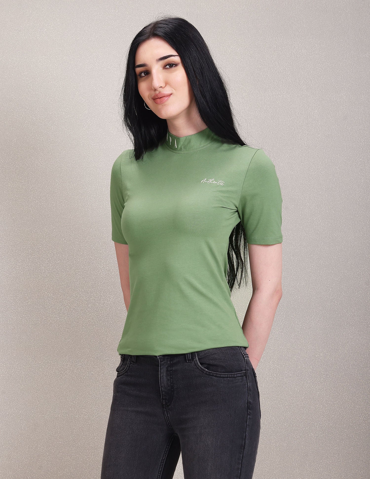 Mock Neck Solid T-Shirt Green - U.S. Polo Assn. India | Large