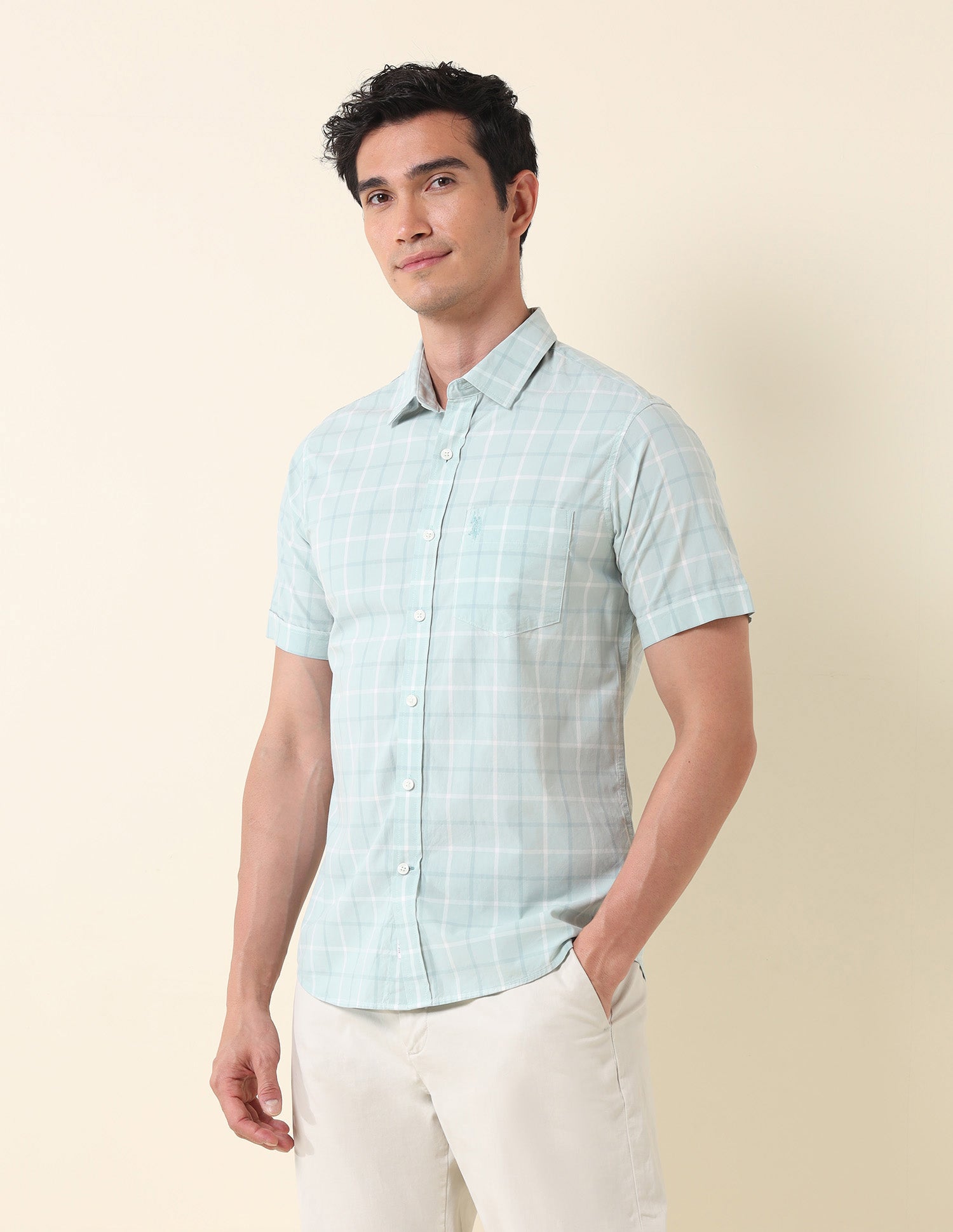Pure Cotton Grid Tattersall Checked Shirt Light Green - U.S. Polo Assn. India | Large
