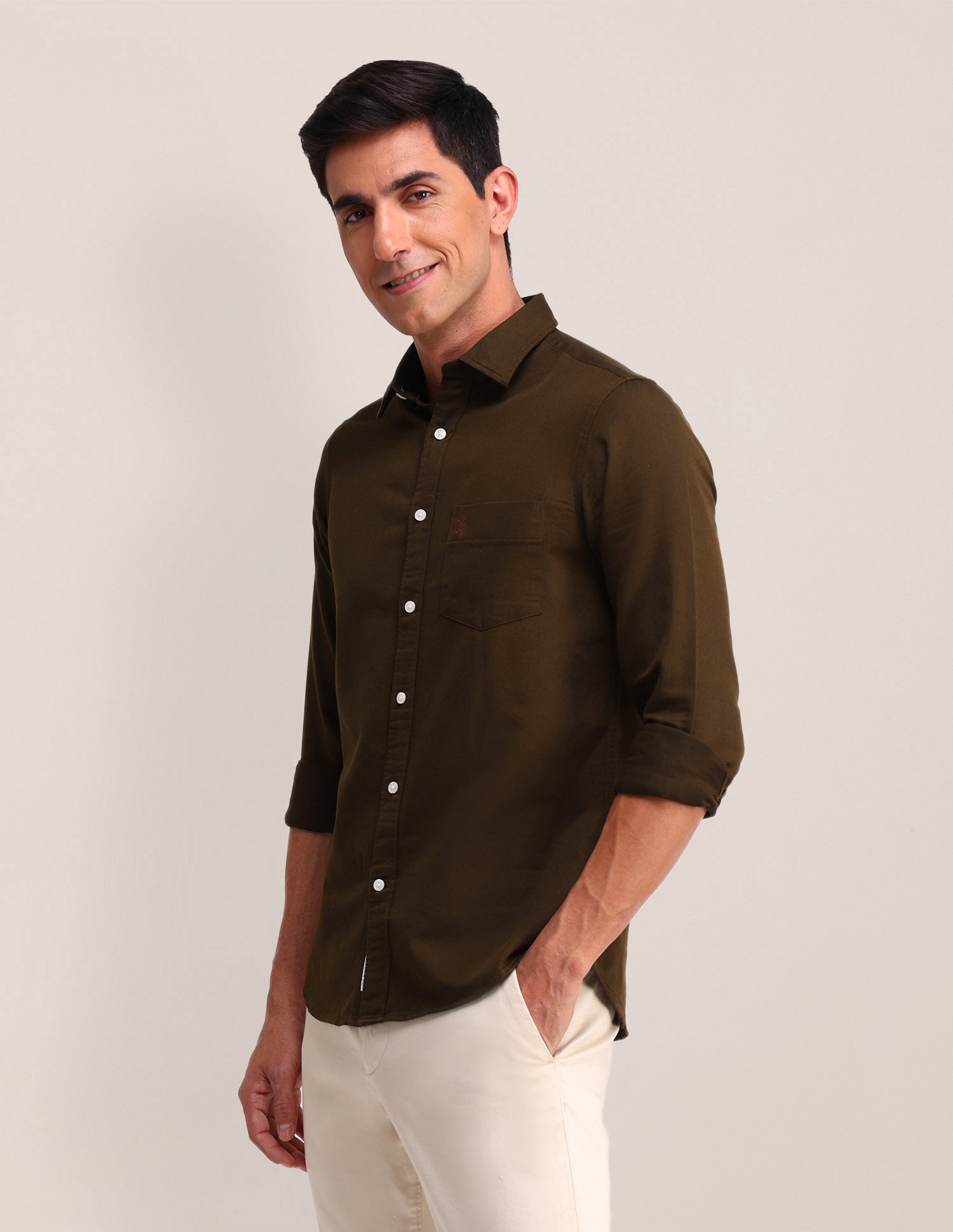 Solid Pattern Dobby Shirt Brown - U.S. Polo Assn. India | Large