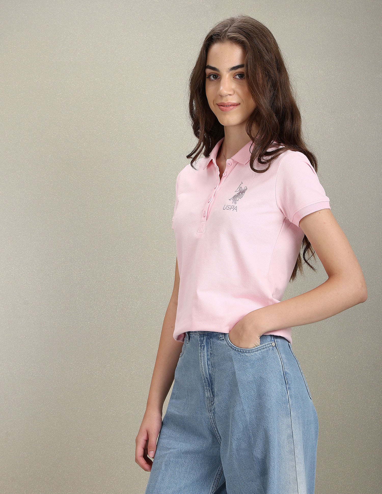 Sequin Logo Slim Polo Shirt Light Pink - U.S. POLO ASSN. | Large