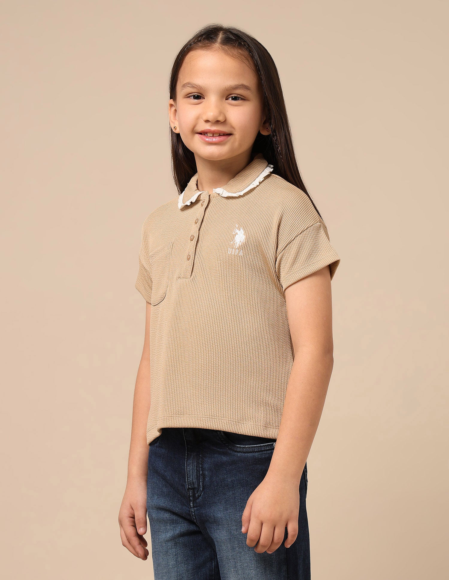 Girls Textured Boxy Fit Top Light Brown - U.S. POLO ASSN. | Large