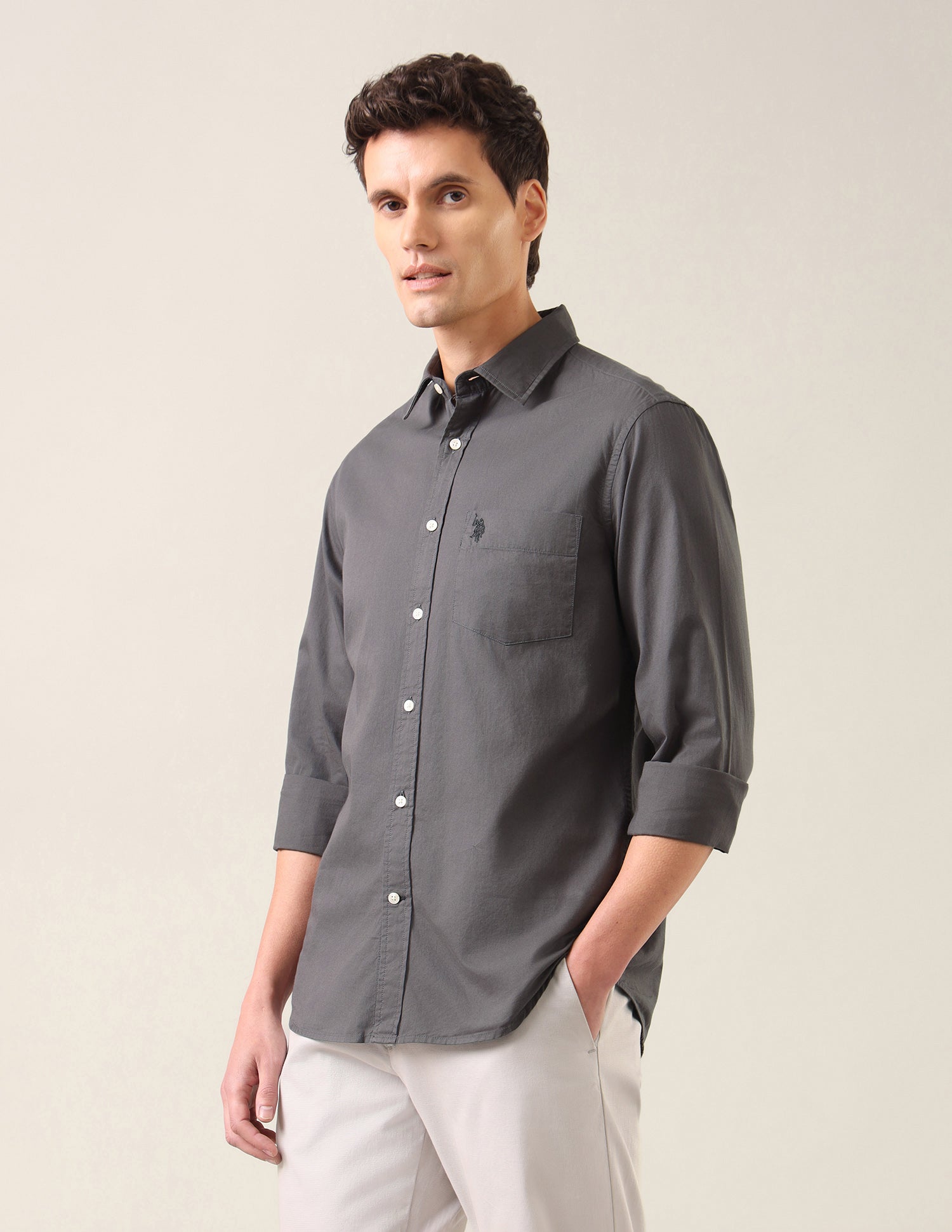 Twill Tailored Fit Shirt Mid Grey - U.S. Polo Assn. India | Large
