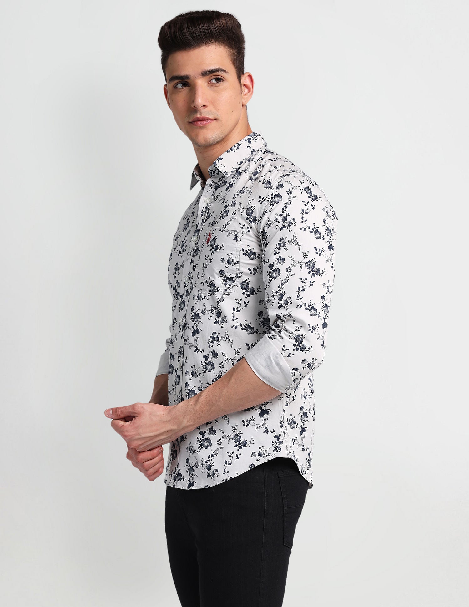 Floral Print Twill Shirt White and Navy - U.S. Polo Assn. India | Large