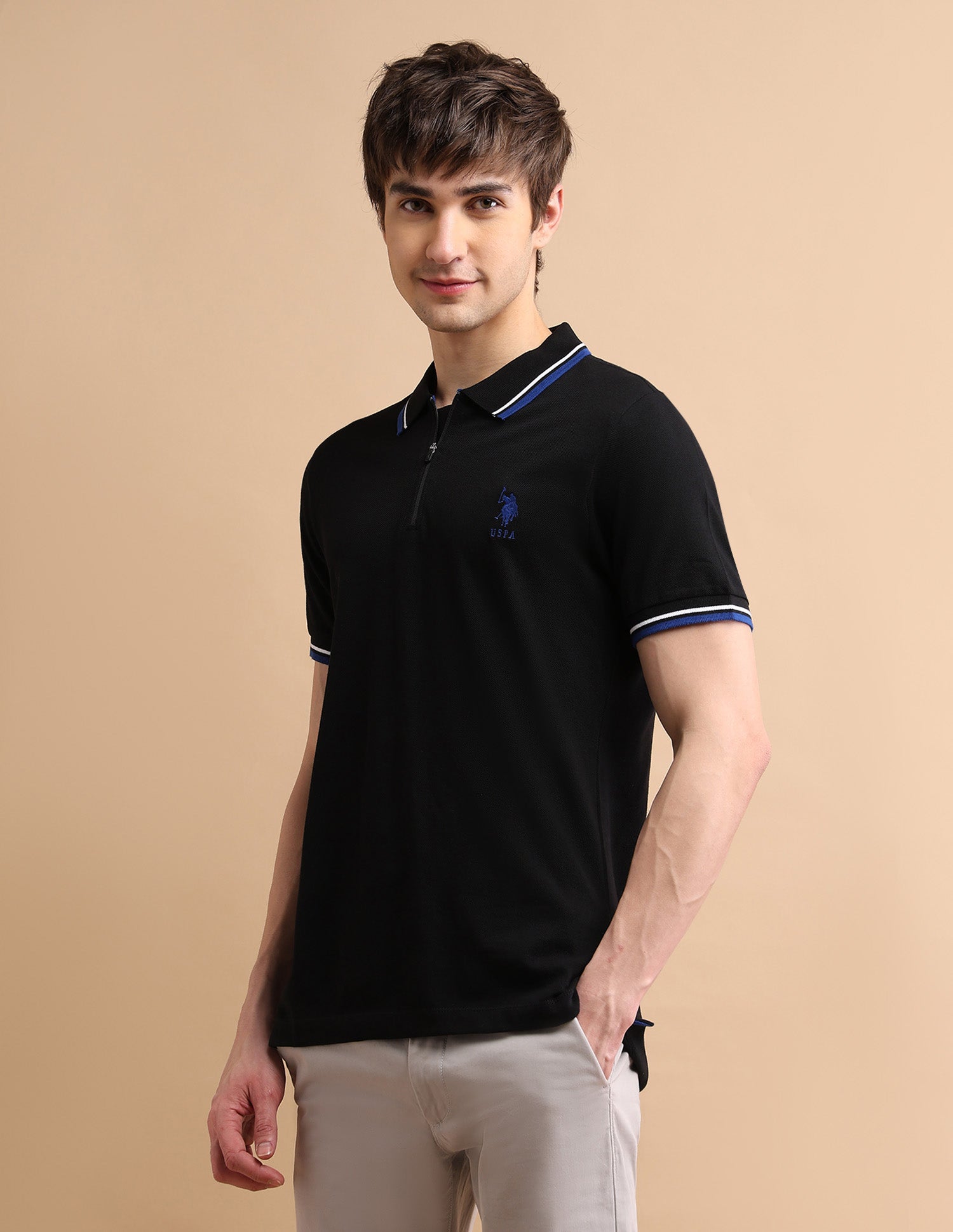 Tipped Zipper Polo Shirt Black - U.S. POLO ASSN. | Large